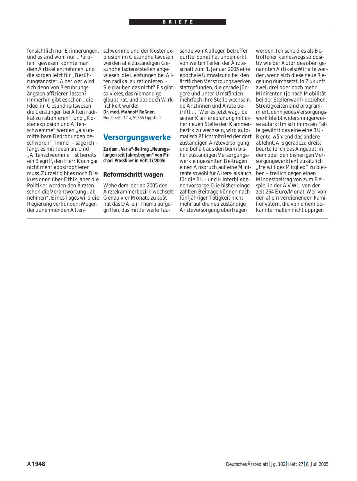 Vorschauseite 1: Versorgungswerke: Reformschritt wagen