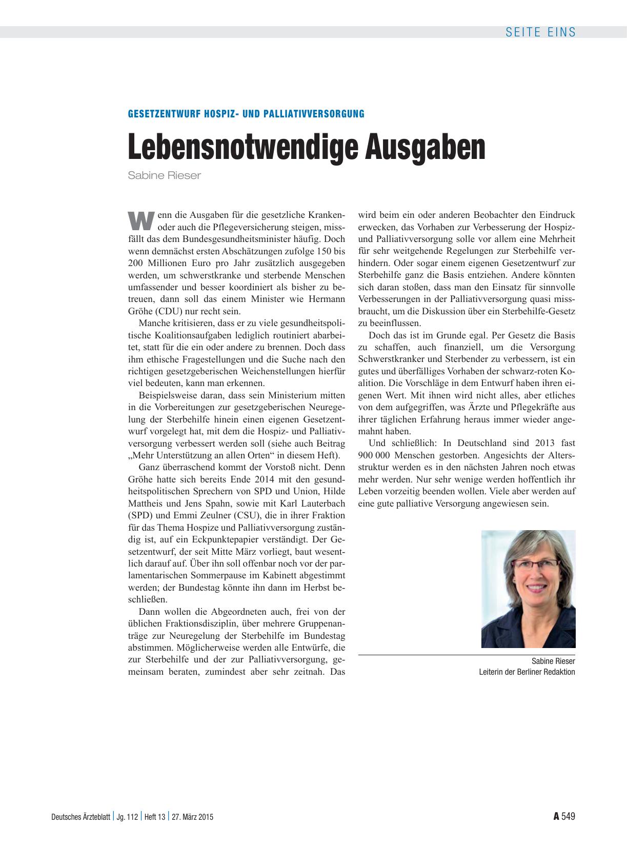 Vorschauseite 1: Gesetzentwurf Hospizund Palliativversorgung: Lebensnotwendige Ausgaben