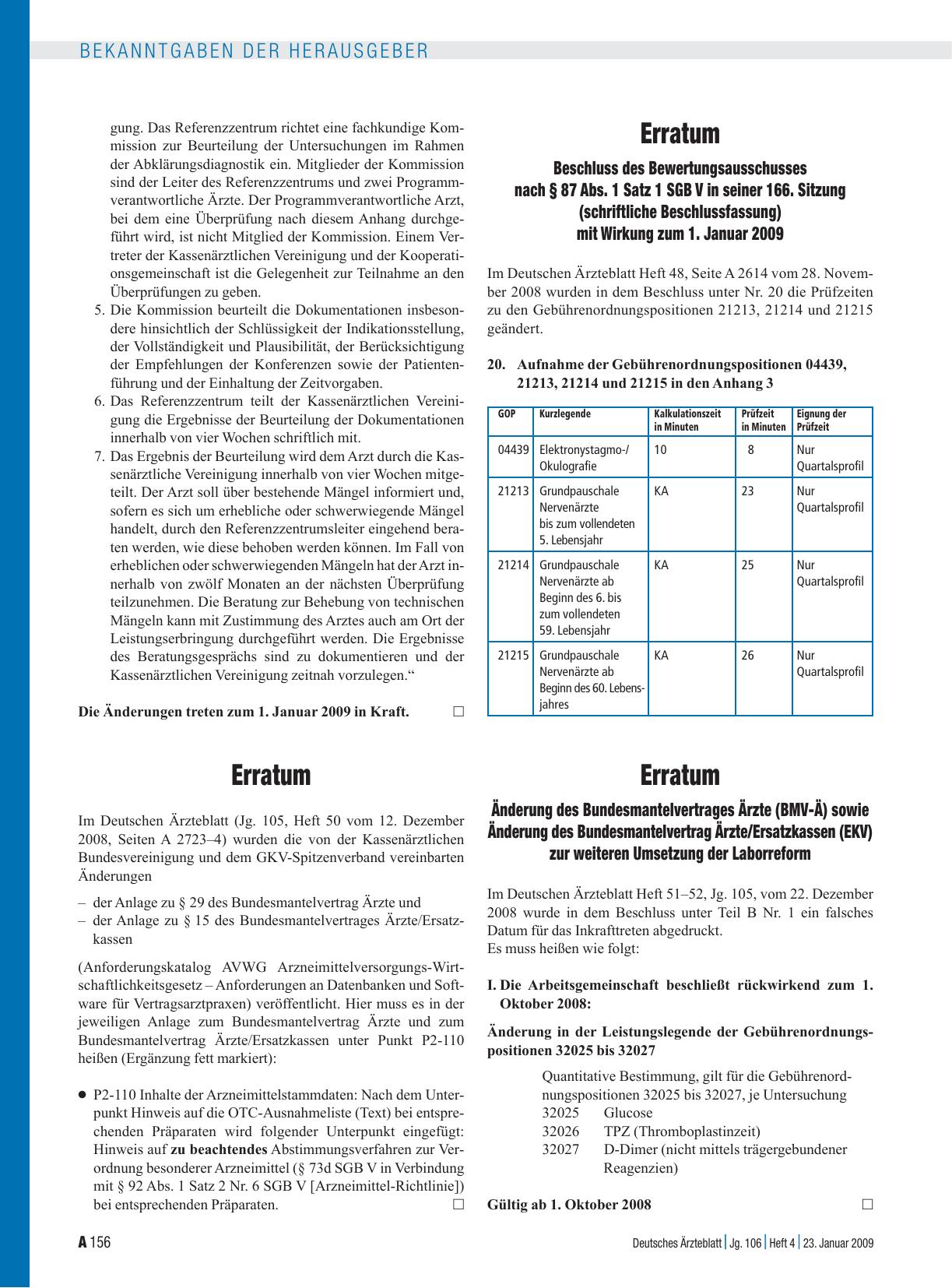 Vorschauseite 1: Erratum: Beschluss des Bewertungsausschusses nach § 87 Abs. 1 Satz 1 SGB V in seiner 166. Sitzung (schriftliche Beschlussfassung) mit Wirkung zum 1. Januar 2009