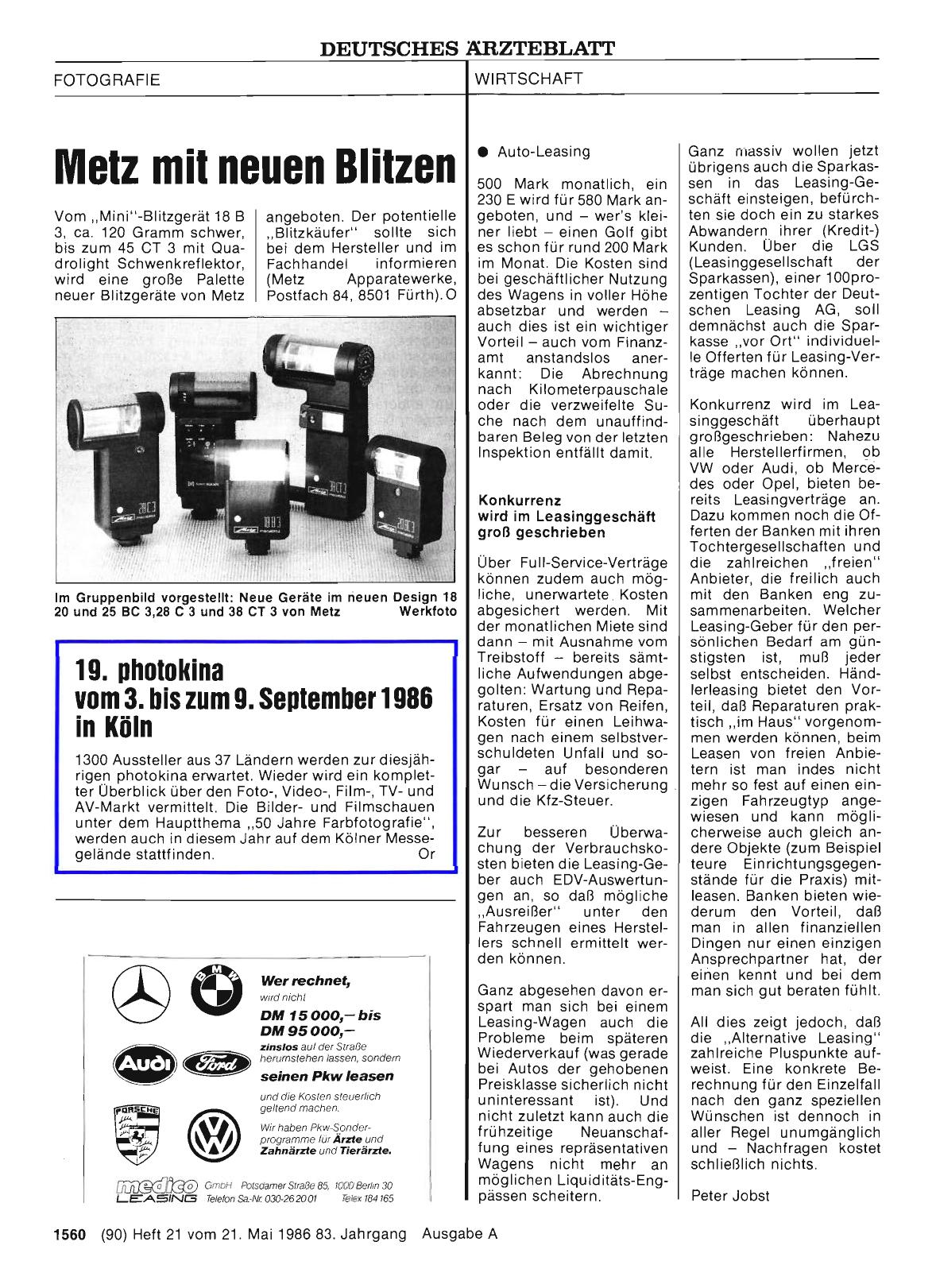 Vorschauseite 1: 19. photokina vom 3. bis zum 9. September 1986 in Köln