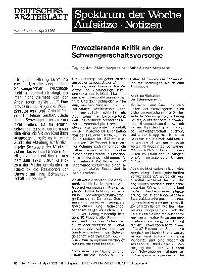 Vorschauseite 1: Provozierende Kritik an der Schwangerschaftsvorsorge: Tagung der „Aktion Sorgenkind“: Auftakt einer Kampagne