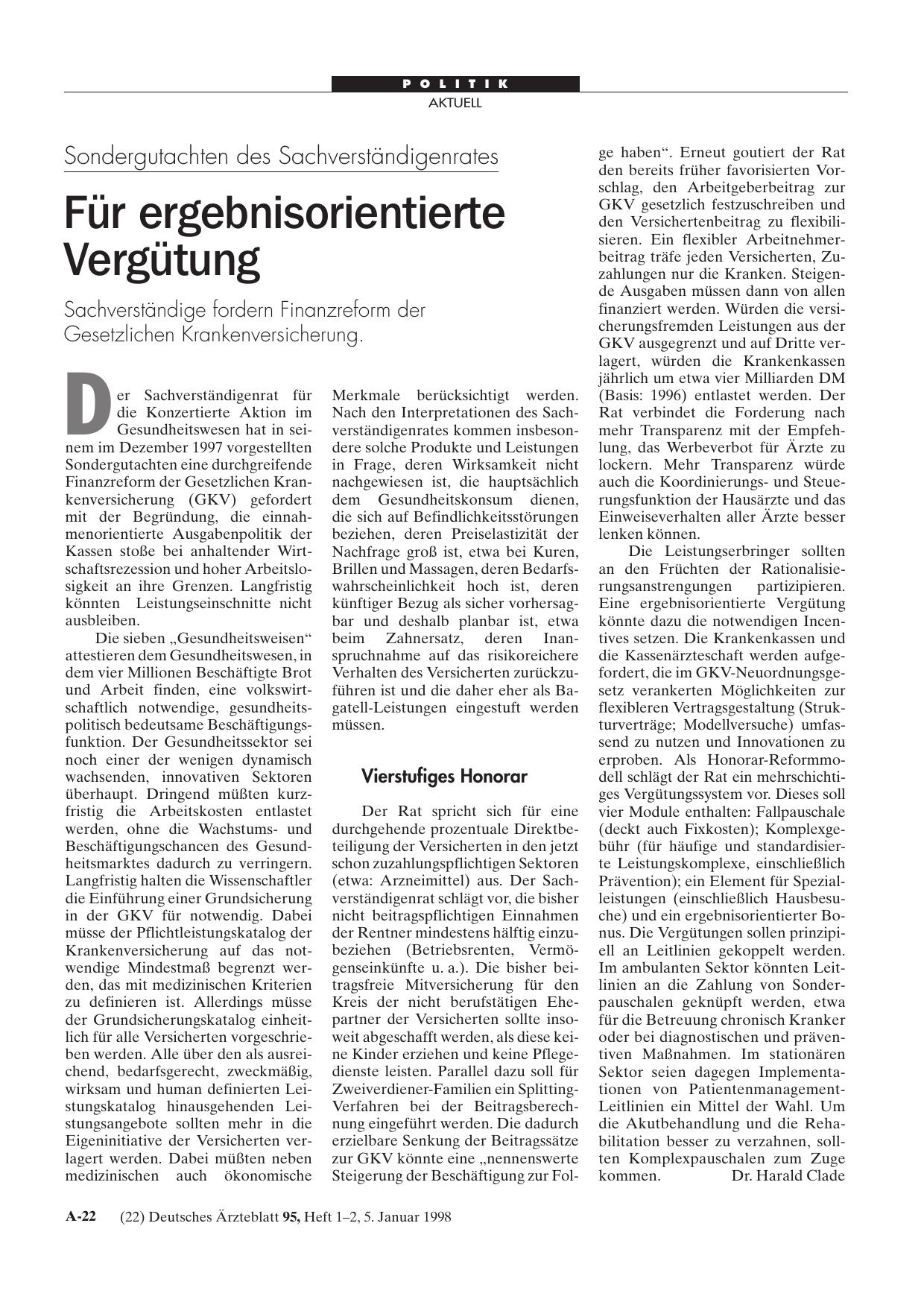 Vorschauseite 1: Sondergutachten des Sachverständigenrates: Für ergebnisorientierte Vergütung