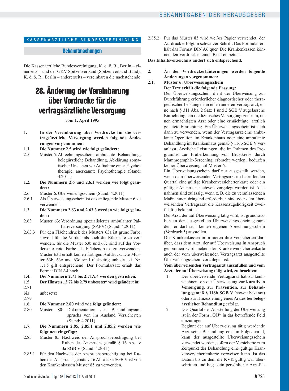 Vorschauseite 1: 28. Änderung der Vereinbarung über Vordrucke für die vertragsärztliche Versorgung