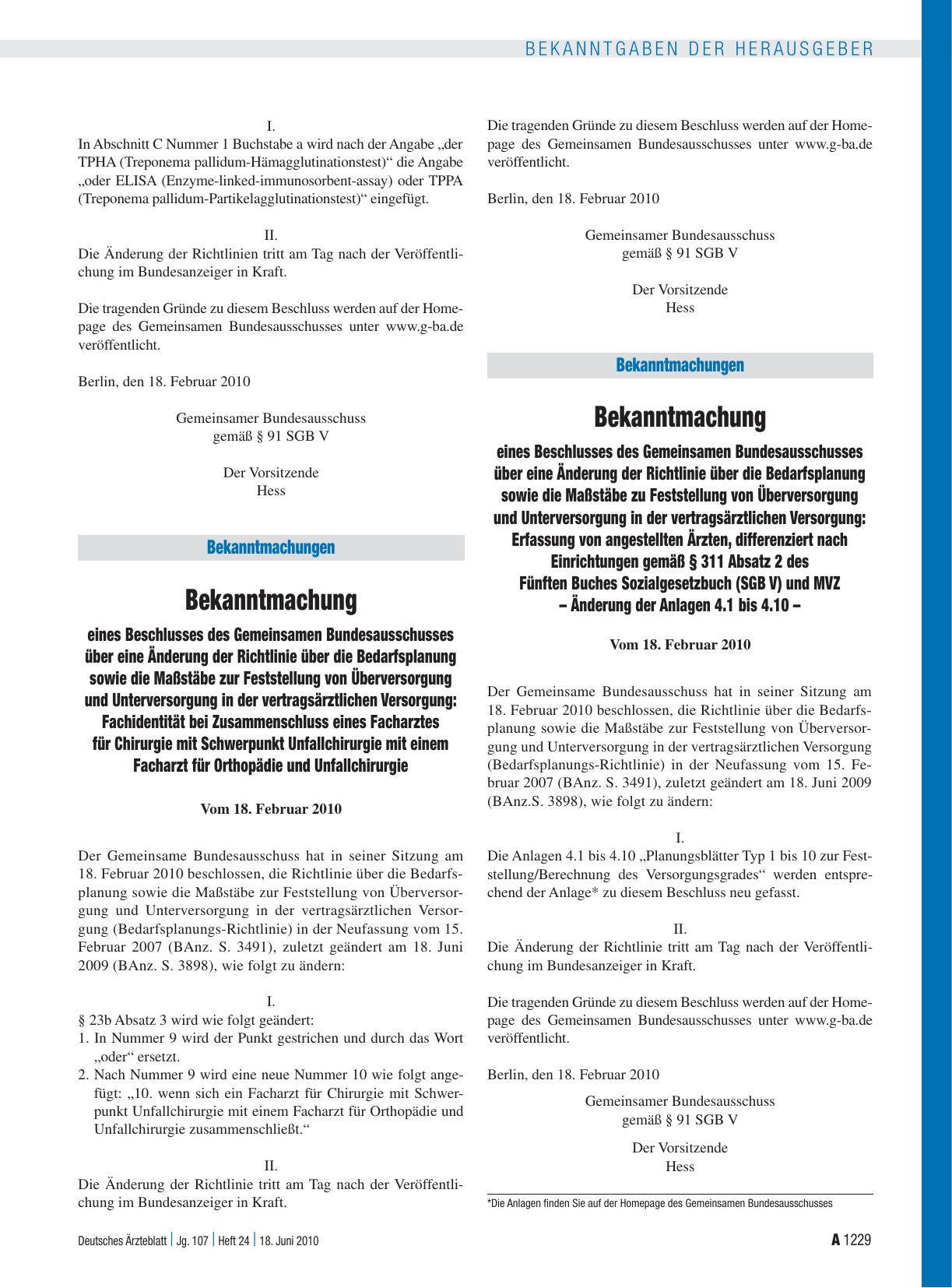 Vorschauseite 1: Bekanntmachung eines Beschlusses des Gemeinsamen Bundesausschusses über eine Änderung der Richtlinie über die Bedarfsplanung sowie die Maßstäbe zur Feststellung von Überversorgung…