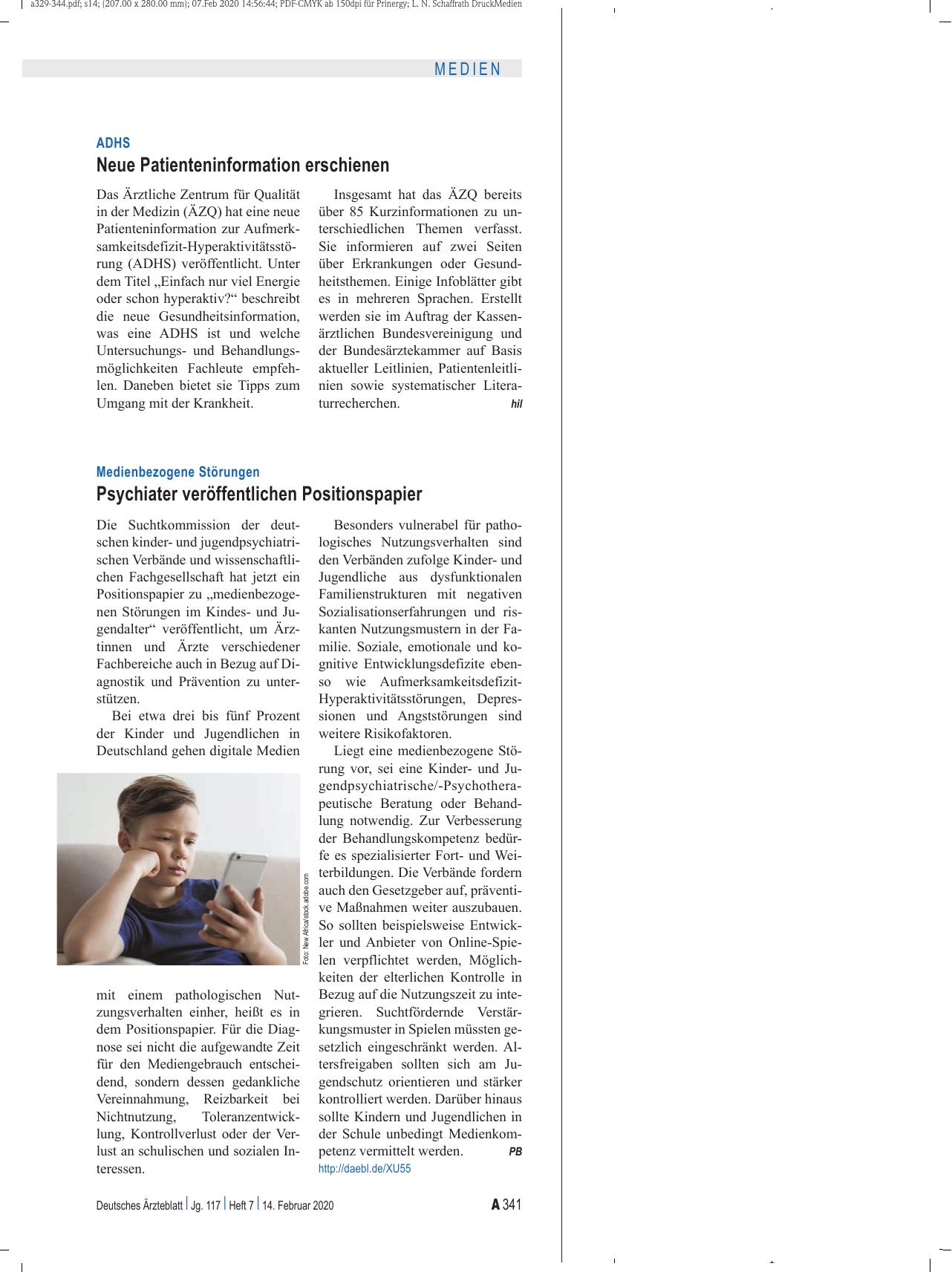 Vorschauseite 1: Medienbezogene Störungen: Psychiater veröffentlichen Positionspapier