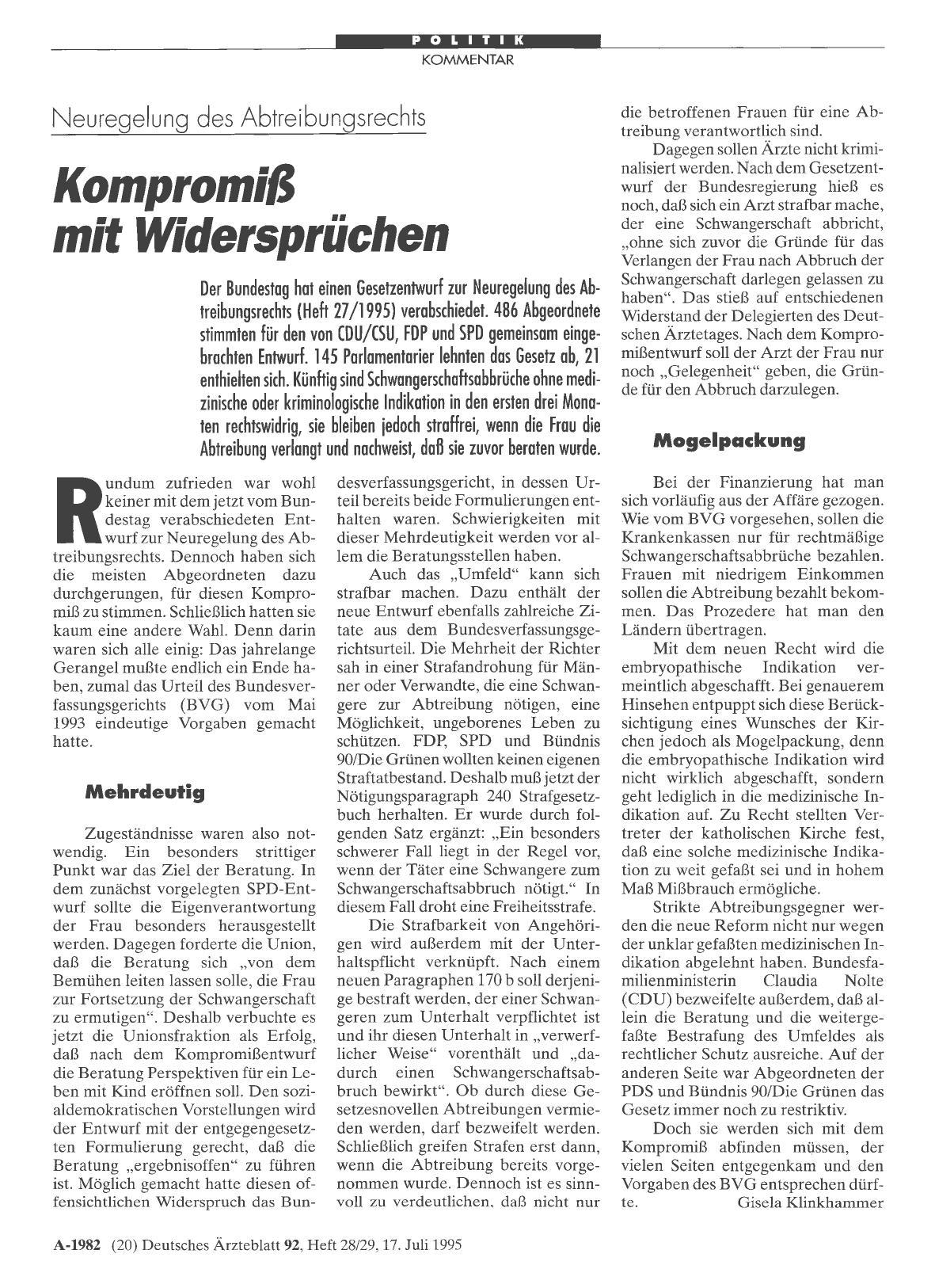 Vorschauseite 1: Neuregelung des Abtreibungsrechts: Kompromiß mit Widersprüchen
