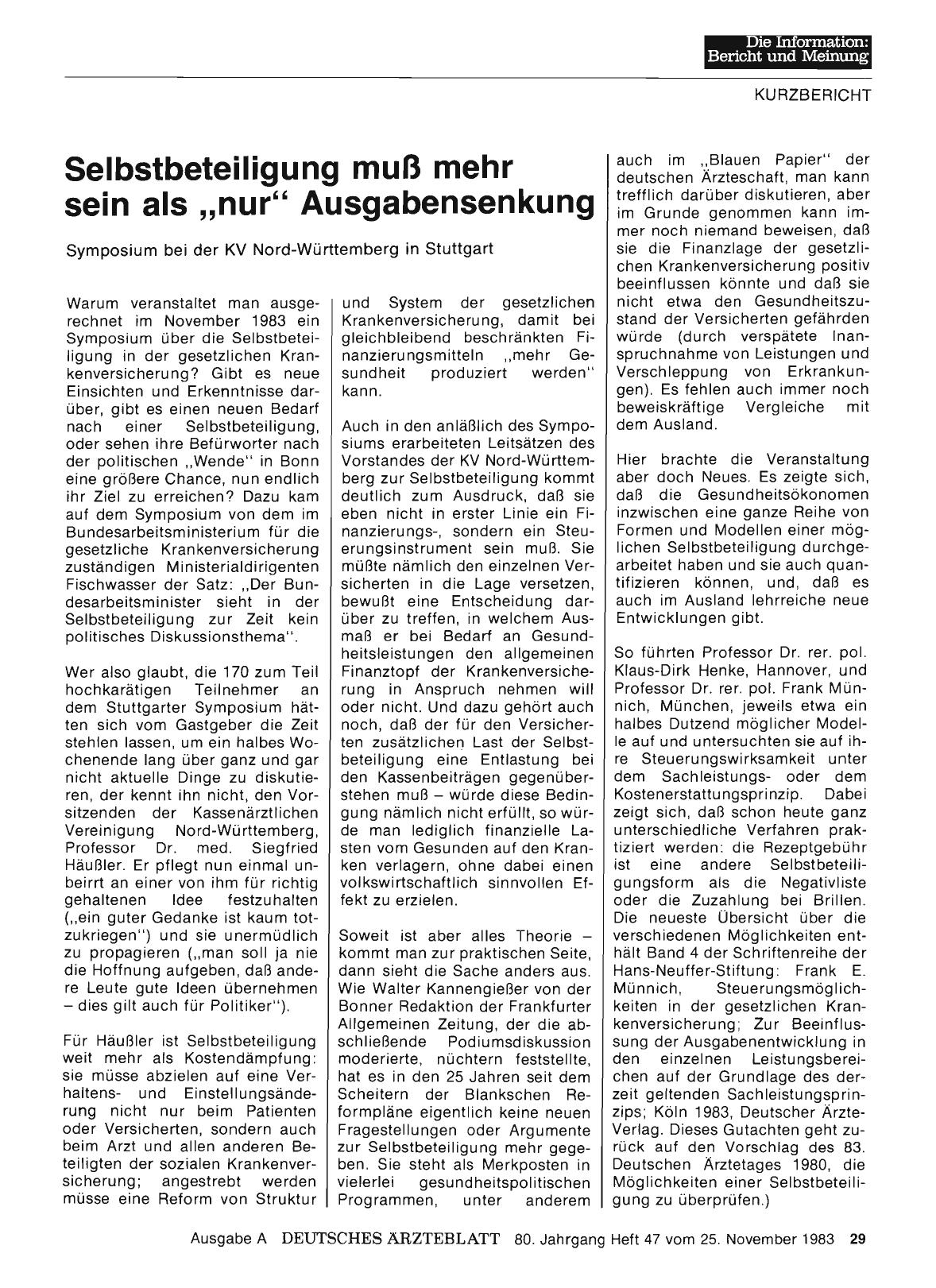 Vorschauseite 1: Selbstbeteiligung muß mehr sein als „nur“ Ausgabensenkung: Symposium bei der KV Nord-Württemberg in Stuttgart