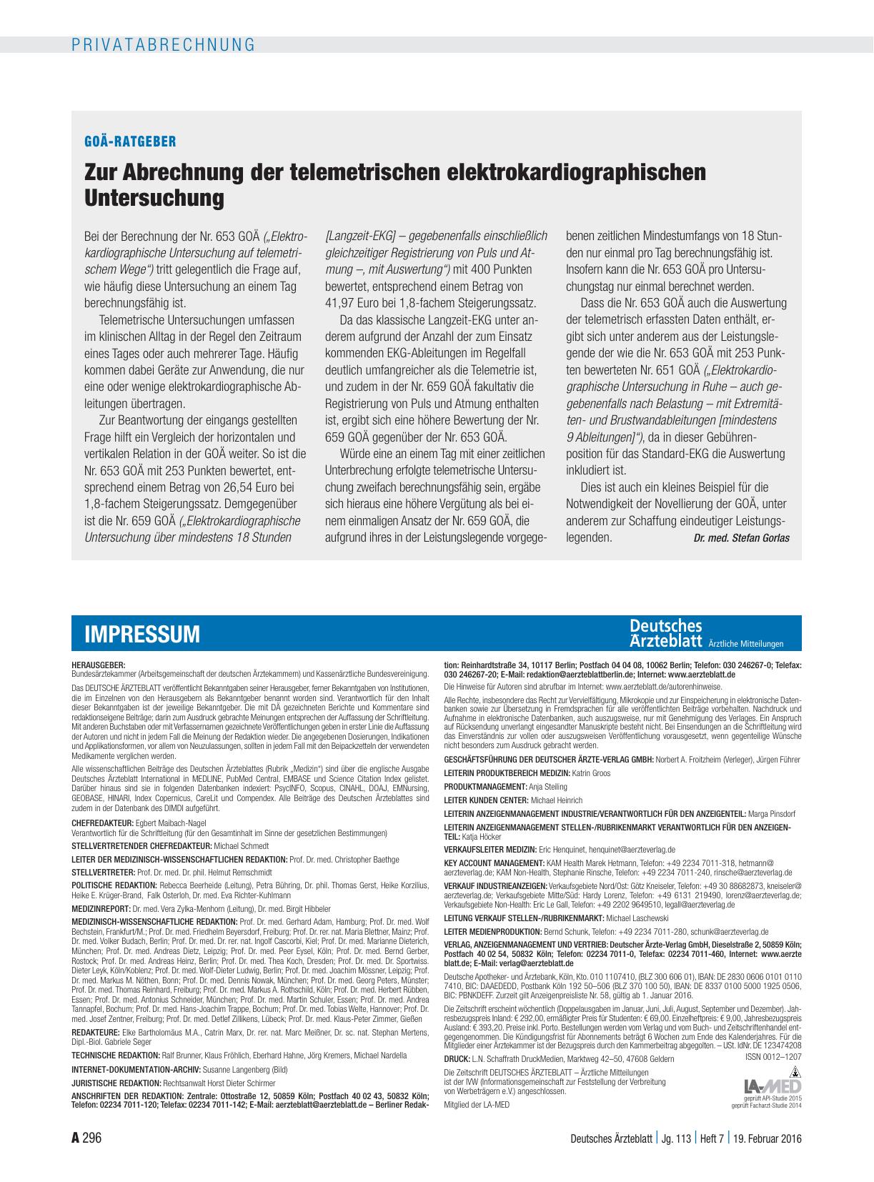 Vorschauseite 1: GOÄ-Ratgeber: Zur Abrechnung der telemetrischen elektrokardiographischen Untersuchung