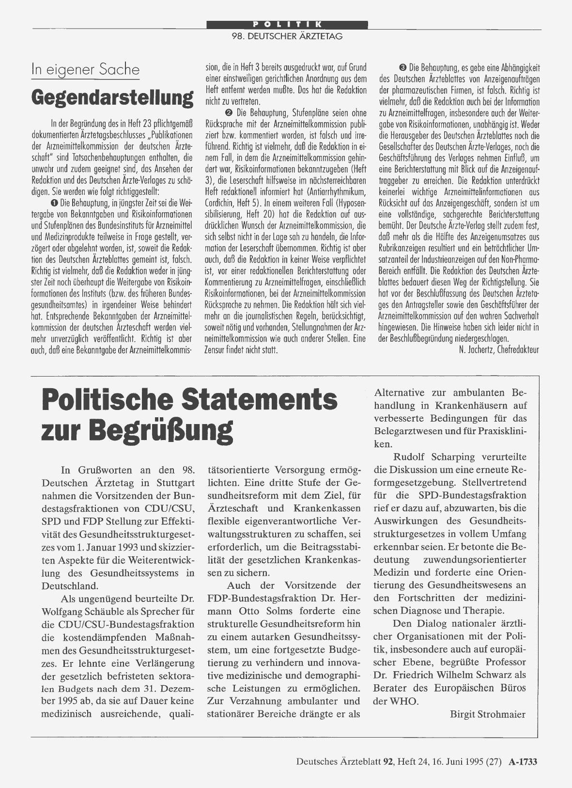 Vorschauseite 1: Politische Statements zur Begrüßung