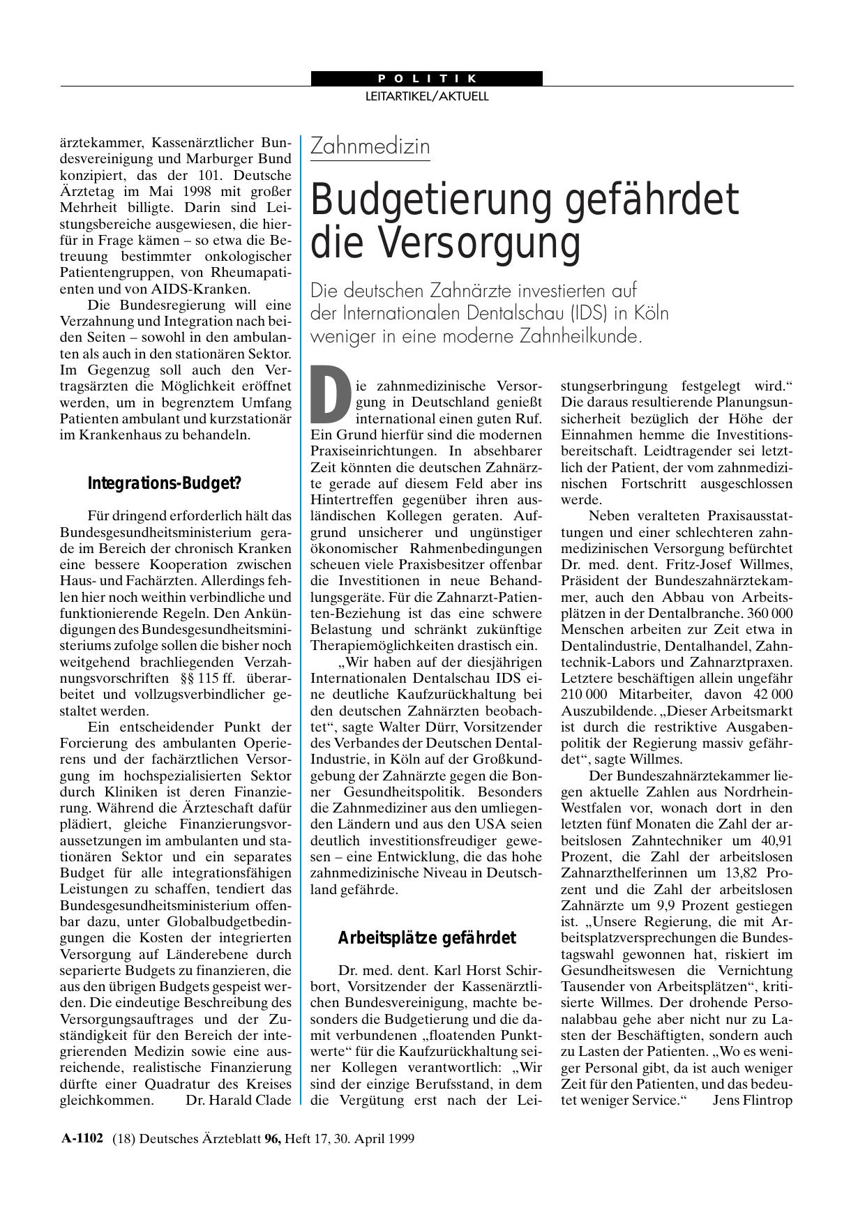 Vorschauseite 1: Zahnmedizin: Budgetierung gefährdet die Versorgung