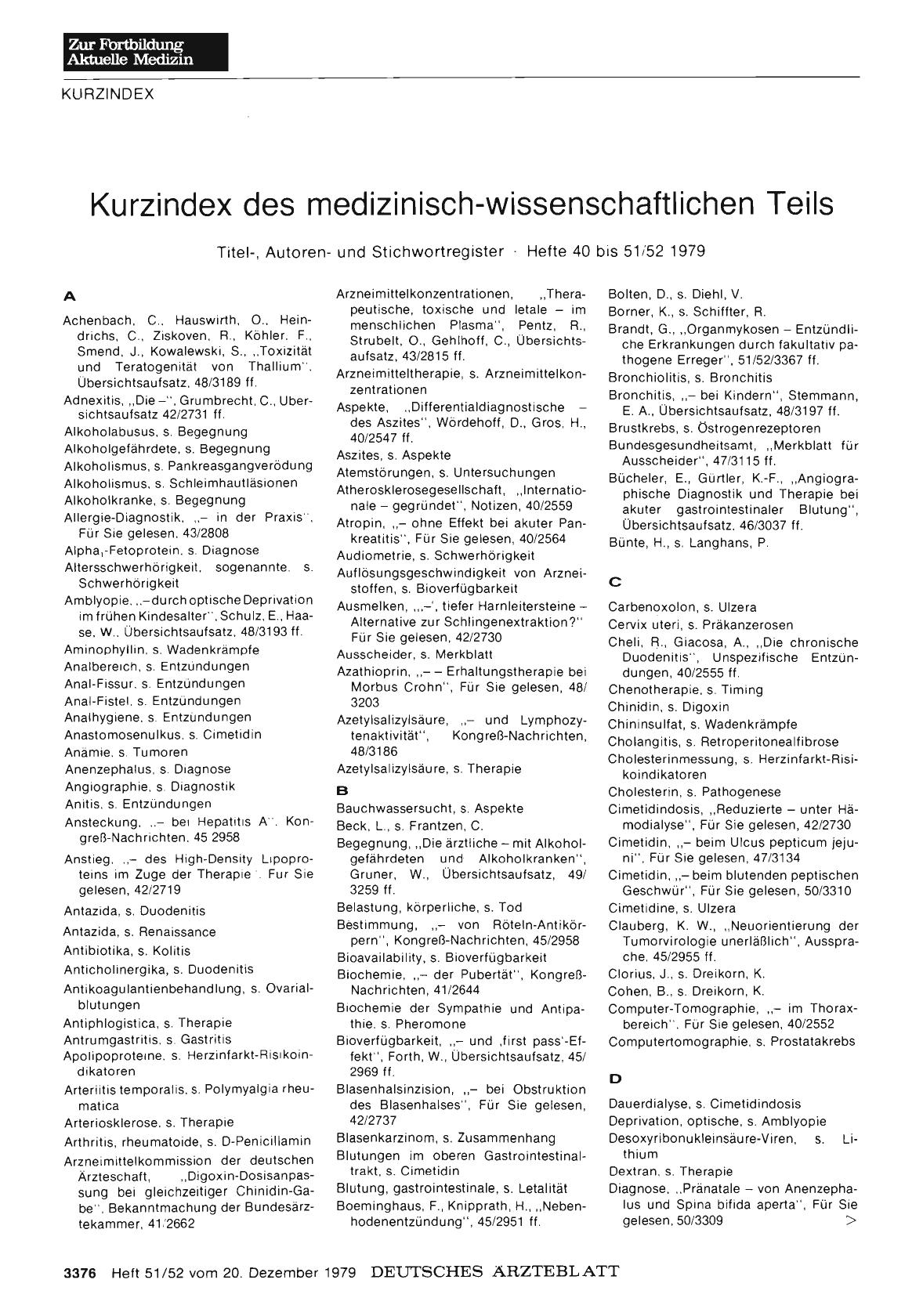Vorschauseite 1: Kurzindex des medizinisch-wissenschaftlichen Teils