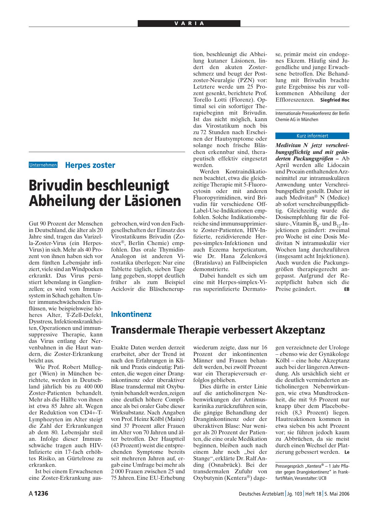 Vorschauseite 1: Herpes zoster: Brivudin beschleunigt Abheilung der Läsionen