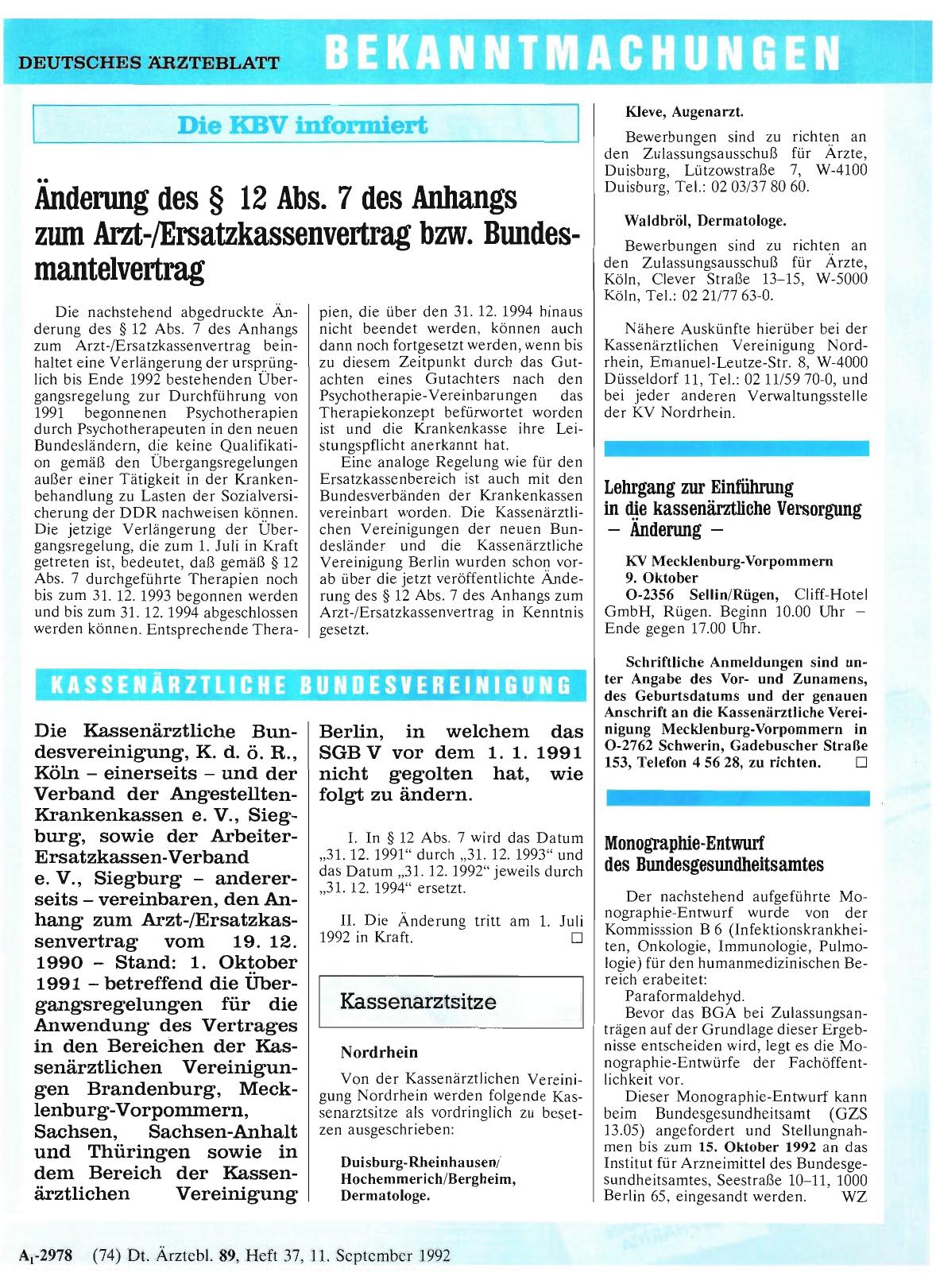 Vorschauseite 1: Änderung des § 12 Abs. 7 des Anhangs zum Arzt-/Ersatzkassenvertrag bzw. Bundesmantelvertrag