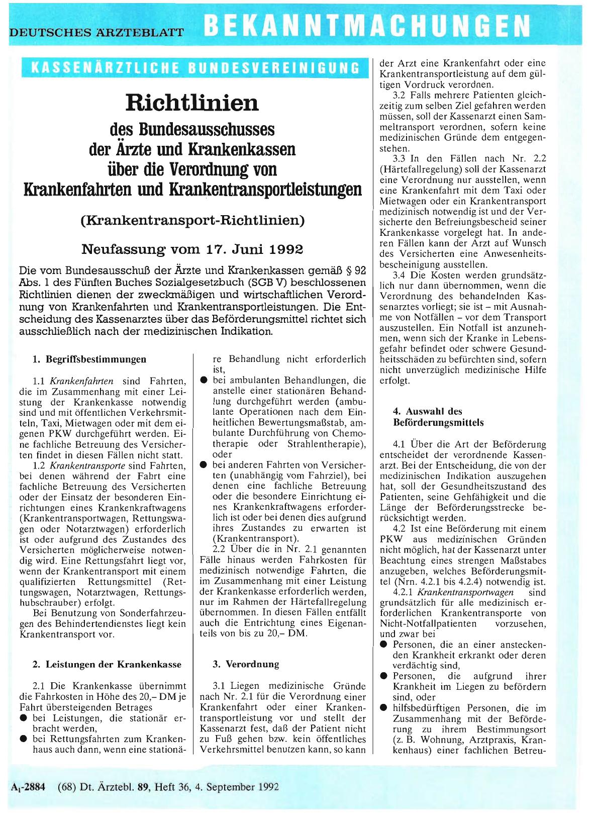 Vorschauseite 1: Richtlinien des Bundesausschusses der Ärzte und Krankenkassen über die Verordnung von Krankenfahrten und Krankentransportleistungen (Krankentransport-Richtlinien) Neufassung vom 1…
