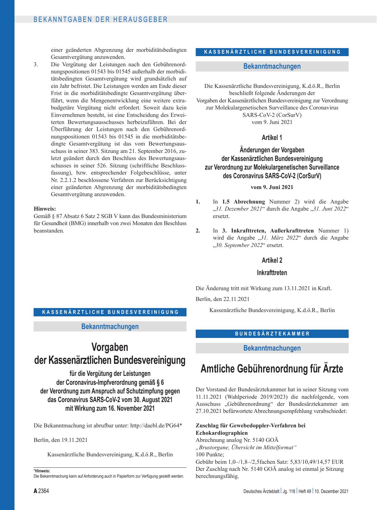 Vorschauseite 1: Vorgaben der Kassenärztlichen Bundesvereinigung für die Vergütung der Leistungen der Coronavirus-Impfverordnung gemäß § 6 der Verordnung zum Anspruch auf Schutzimpfung gegen das C…