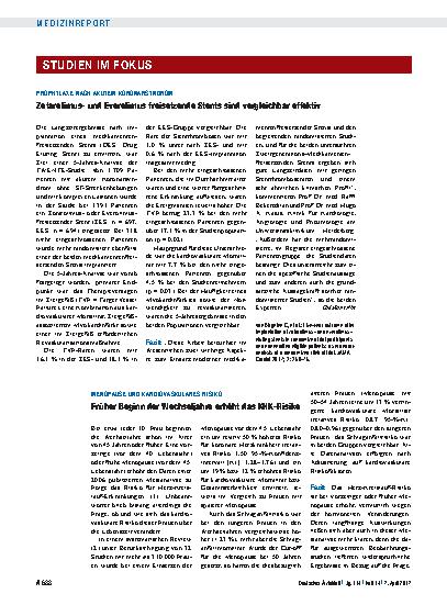 Vorschauseite 1: Prophylaxe nach Akutem Koronarsyndrom: Zotarolimusund Everolimus freisetzende Stents sind vergleichbar effektiv