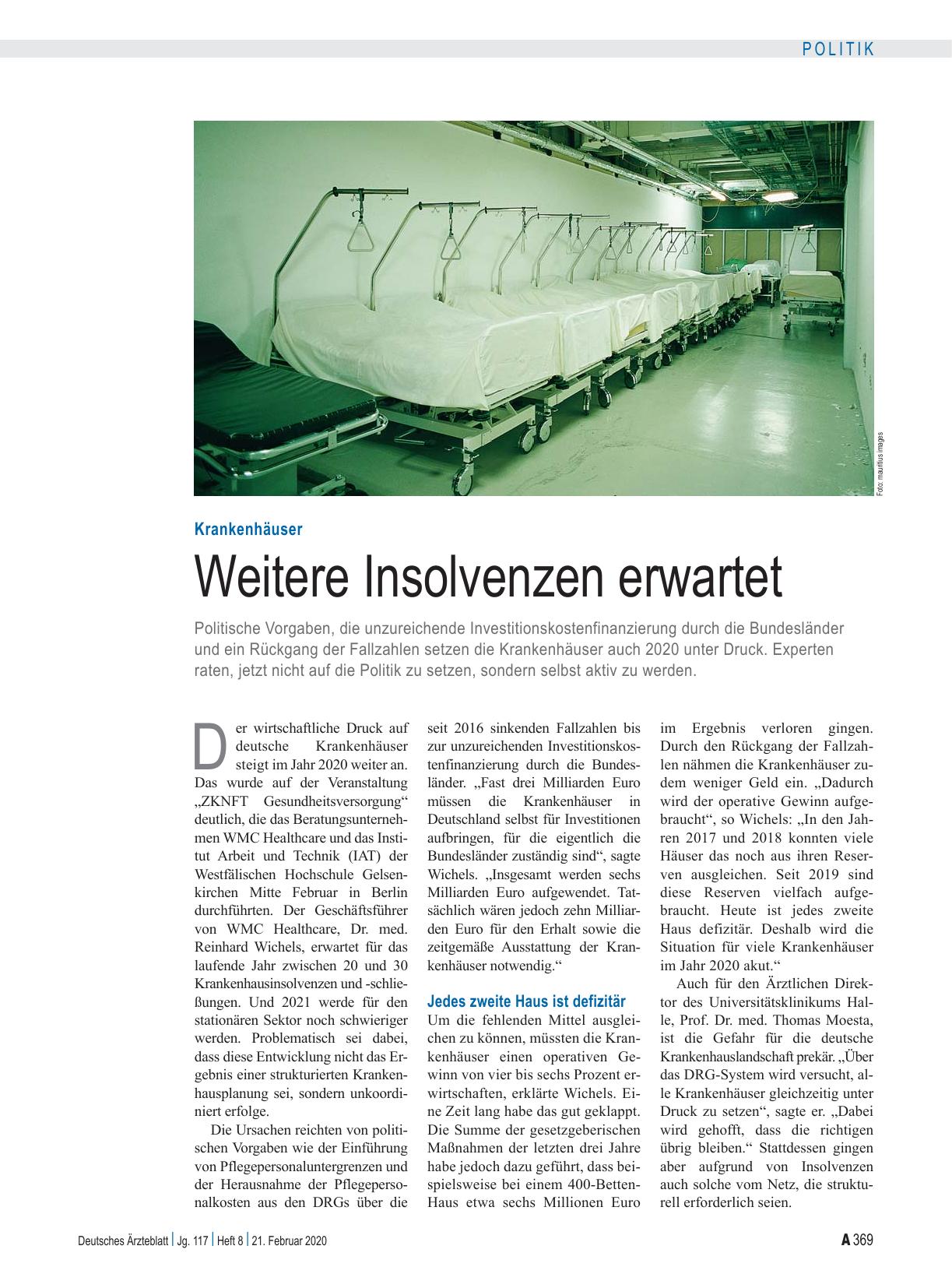 Vorschauseite 1: Krankenhäuser: Weitere Insolvenzen erwartet