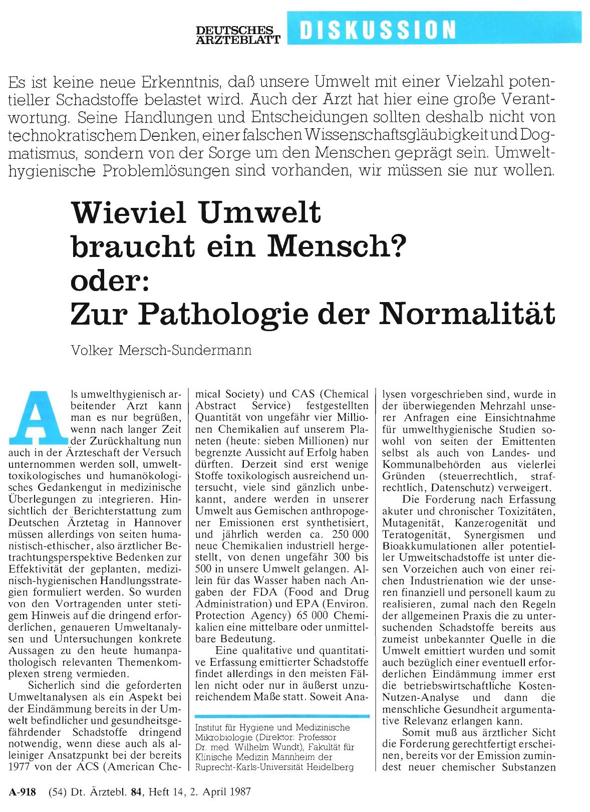 Vorschauseite 1: Wieviel Umwelt braucht ein Mensch? oder: Zur Pathologie der Normalität