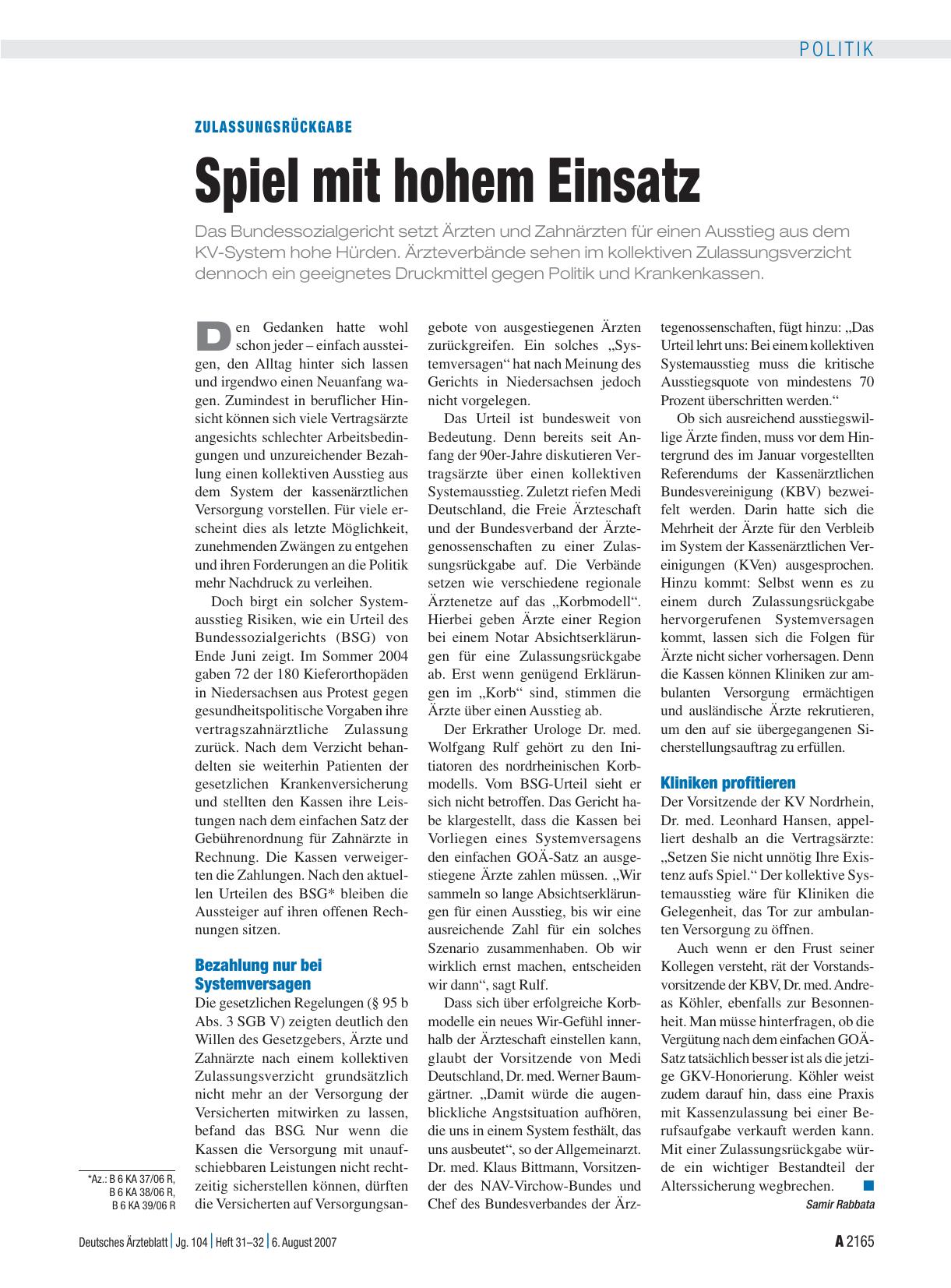 Vorschauseite 1: Zulassungsrückgabe: Spiel mit hohem Einsatz