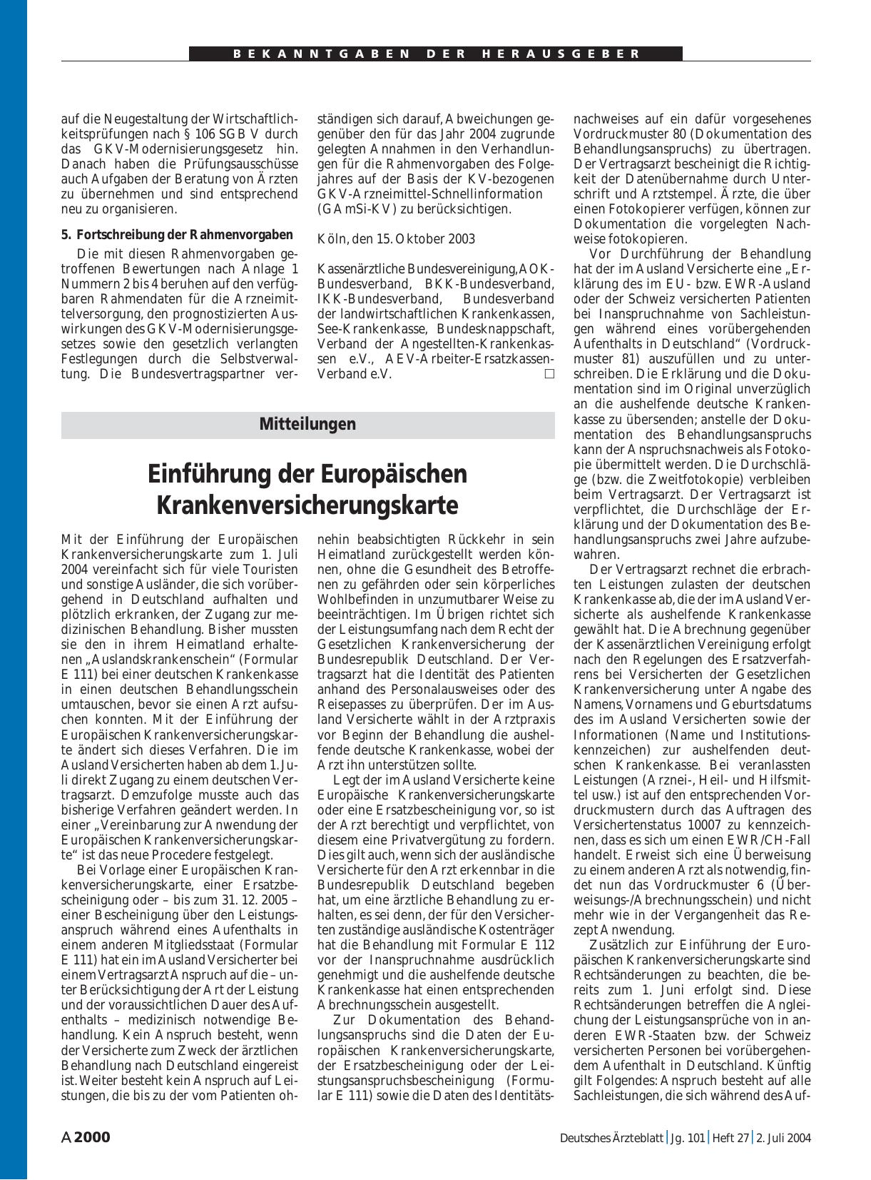Vorschauseite 1: Mitteilungen: Einführung der Europäischen Krankenversicherungskarte