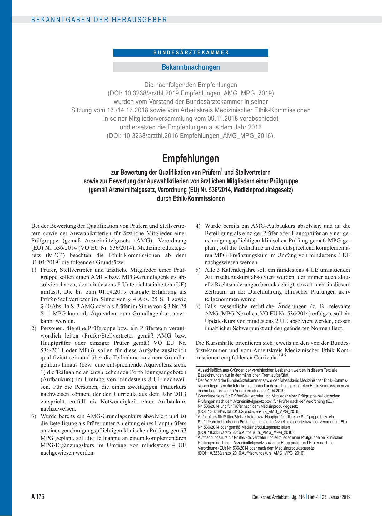 Vorschauseite 1: Empfehlungen zur Bewertung der Qualifikation von Prüfern1 und Stellvertretern sowie zur Bewertung der Auswahlkriterien von ärztlichen Mitgliedern einer Prüfgruppe (gemäß Arzneimit…