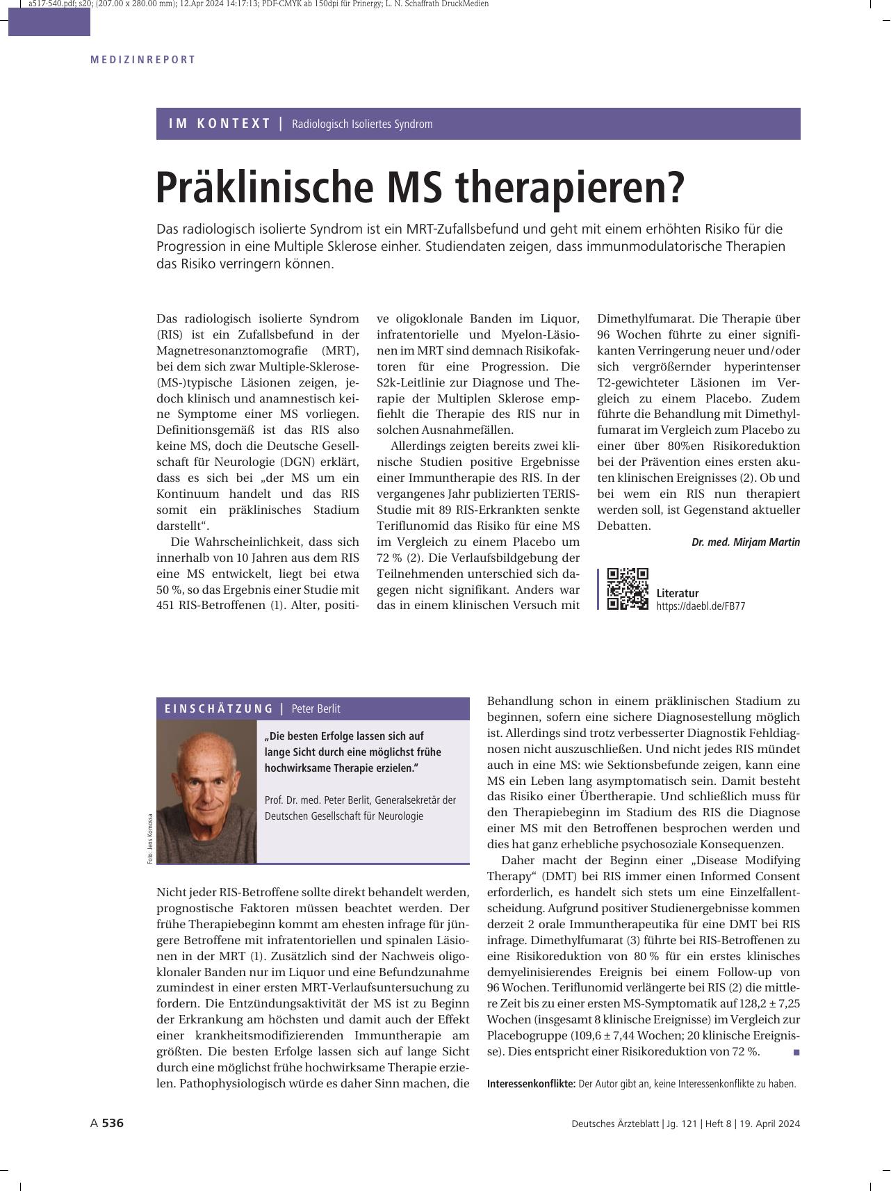 Vorschauseite 1: Radiologisch isoliertes Syndrom: Präklinische MS therapieren?