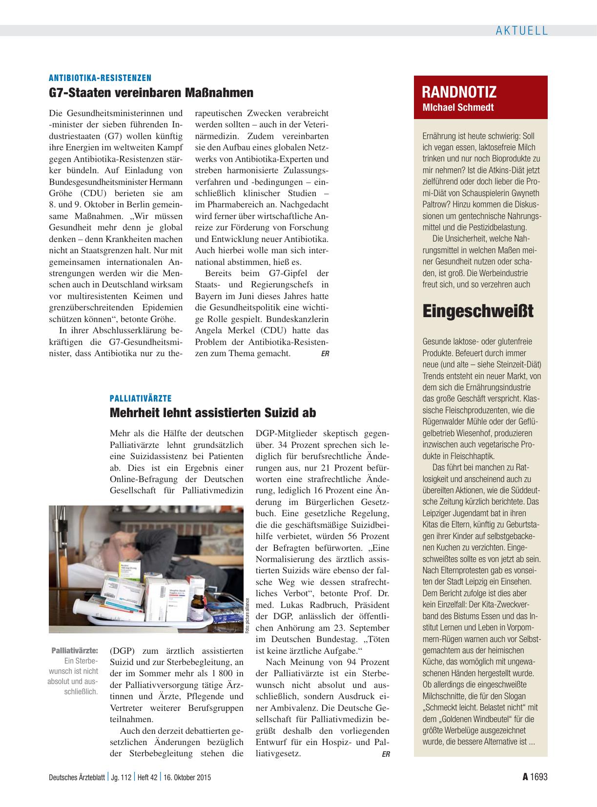 Vorschauseite 1: Palliativärzte: Mehrheit lehnt assistierten Suizid ab