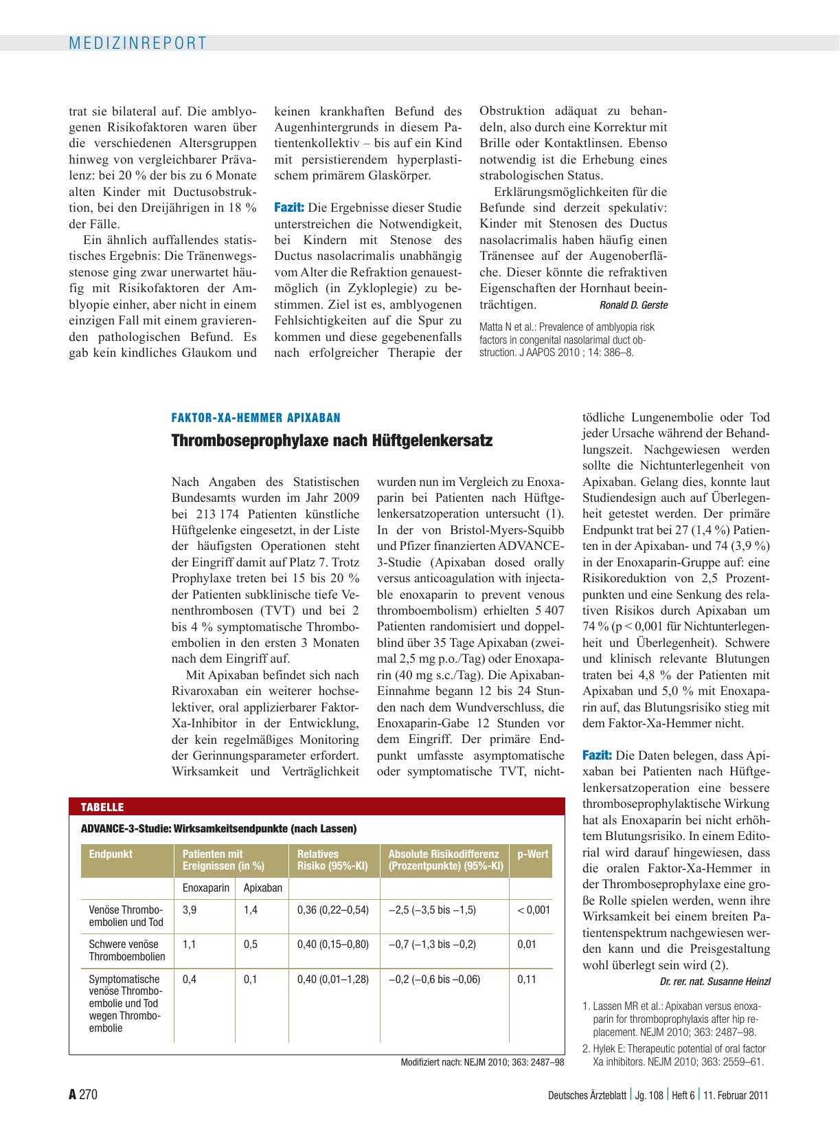 Vorschauseite 1: Faktor-Xa-Hemmer Apixaban: Thromboseprophylaxe nach Hüftgelenkersatz