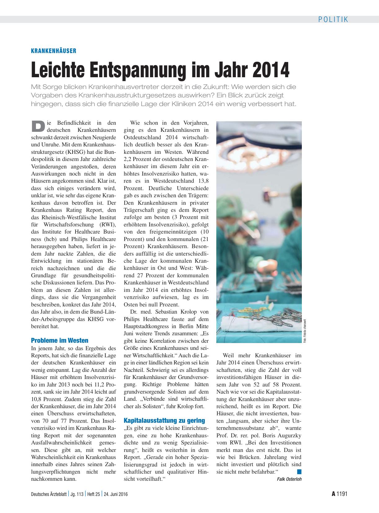 Vorschauseite 1: Krankenhäuser: Leichte Entspannung im Jahr 2014