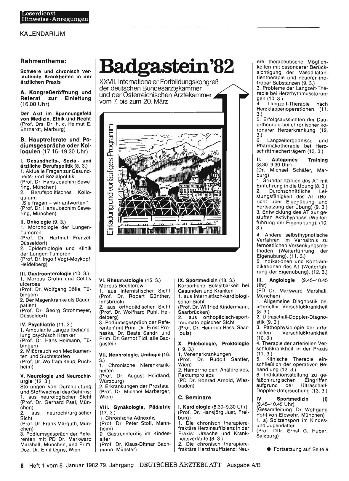 Vorschauseite 1: Badgastein'82: XXVII. Internationaler Fortbildungskongreß der deutschen Bundesärztekammer und der Österreichischen Arztekammer vom 7, bis zum 20. März