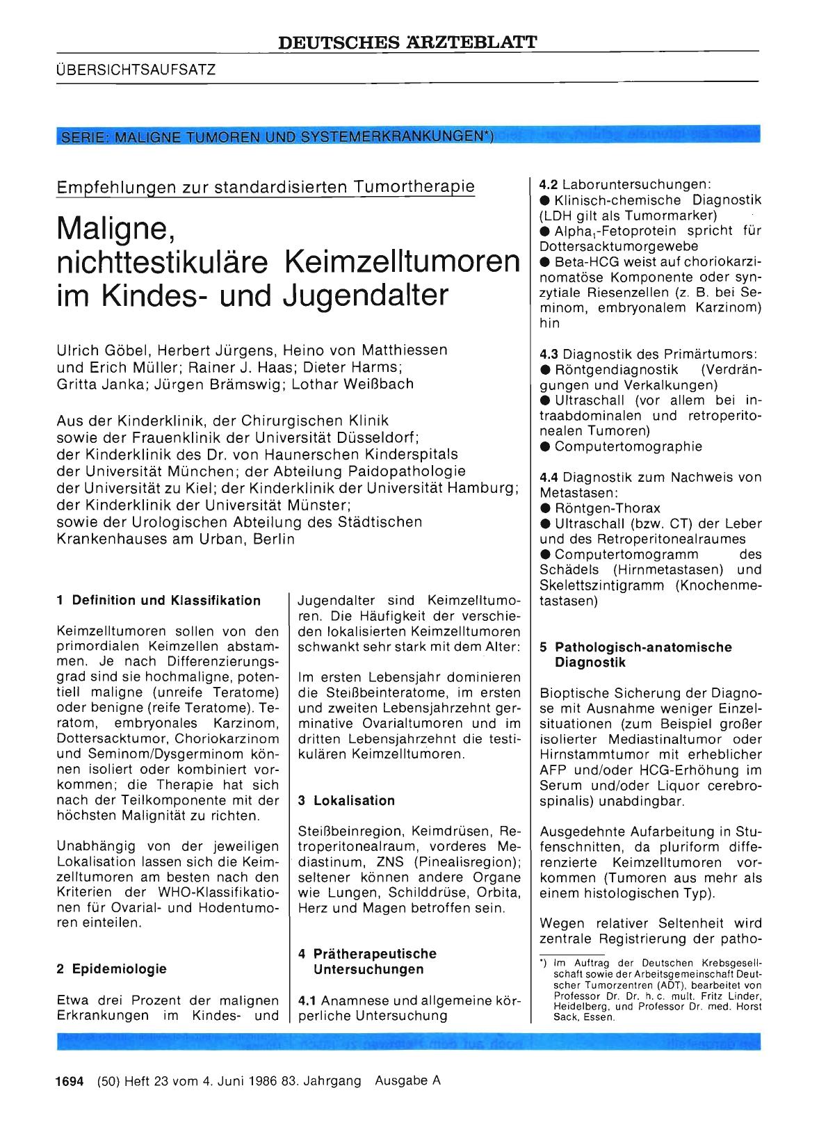 Vorschauseite 1: Empfehlungen zur standardisierten Tumortherapie: Maligne, nichttestikuläre Keimzelltumoren im Kindesund Jugendalter