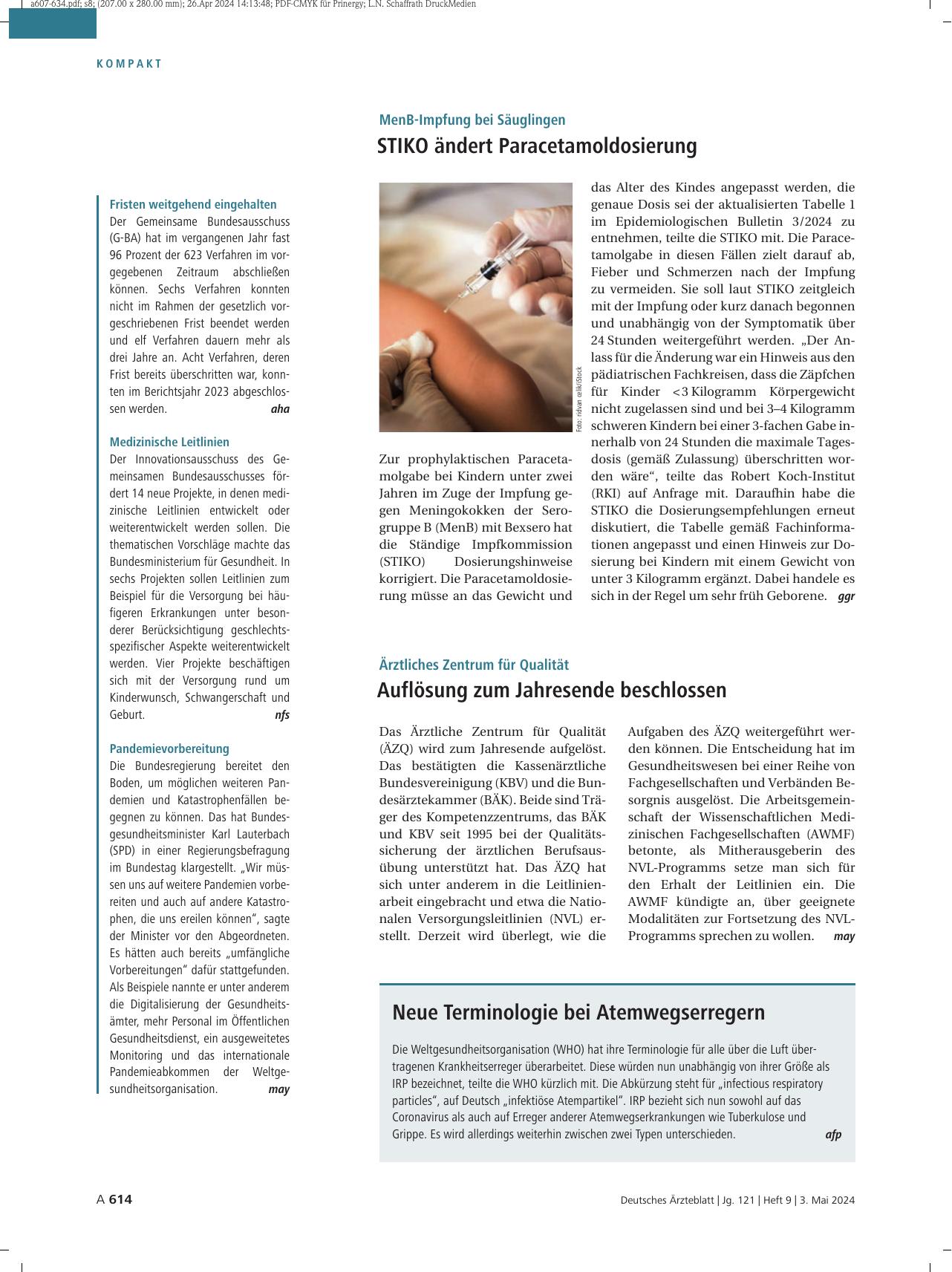 Vorschauseite 1: Fristen weitgehend eingehalten / Medizinische Leitlinien / Pandemie-Vorbereitung