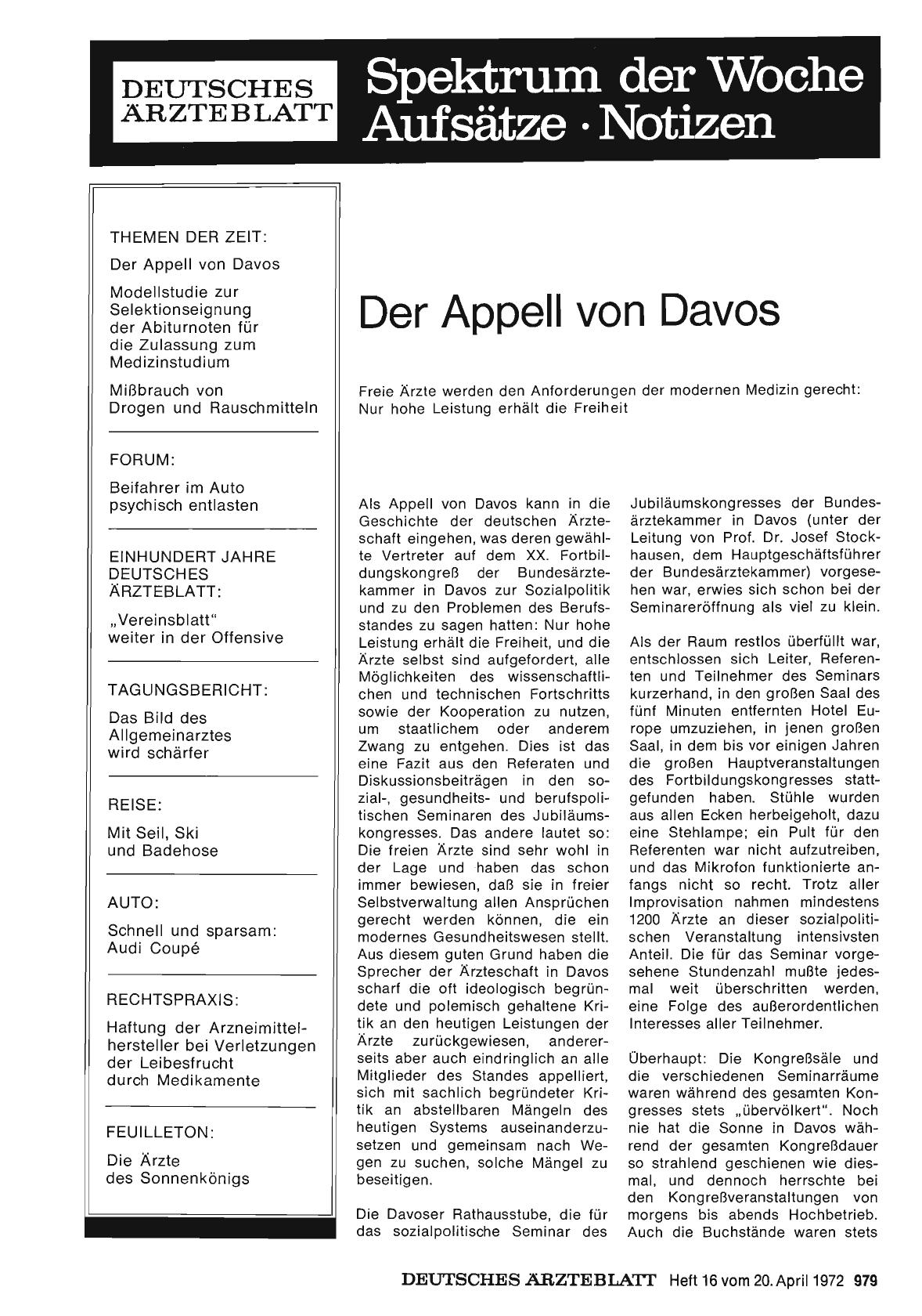 Vorschauseite 1: Der Appell von Davos: Freie Ärzte werden den Anforderungen der modernen Medizin gerecht: Nur hohe Leistung erhält die Freiheit