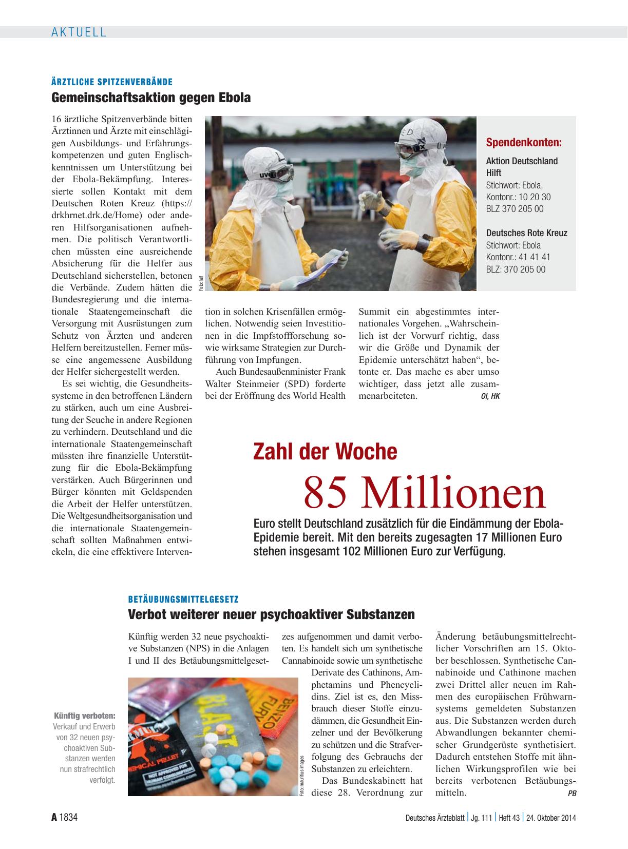 Vorschauseite 1: Ärztliche Spitzenverbände: Gemeinschaftsaktion gegen Ebola