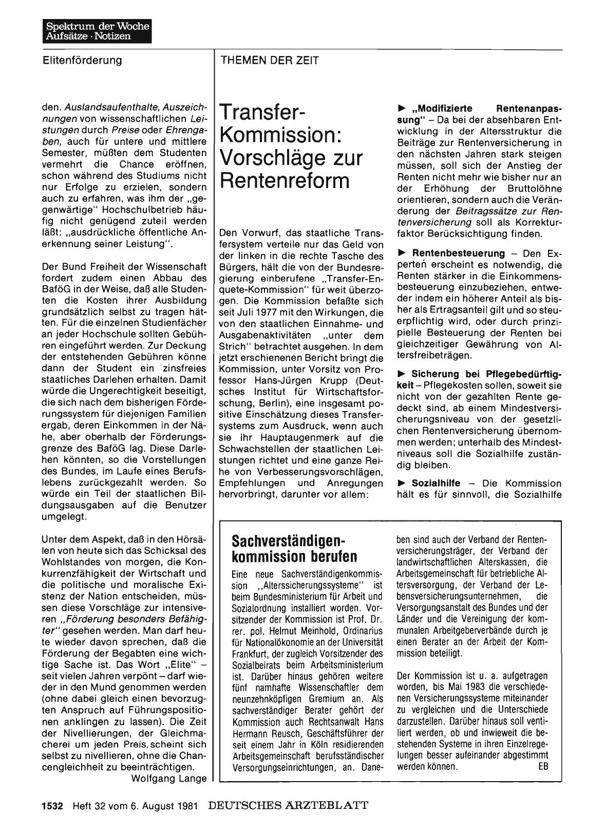 Vorschauseite 1: Transfer-Kommission: Vorschläge zur Rentenreform