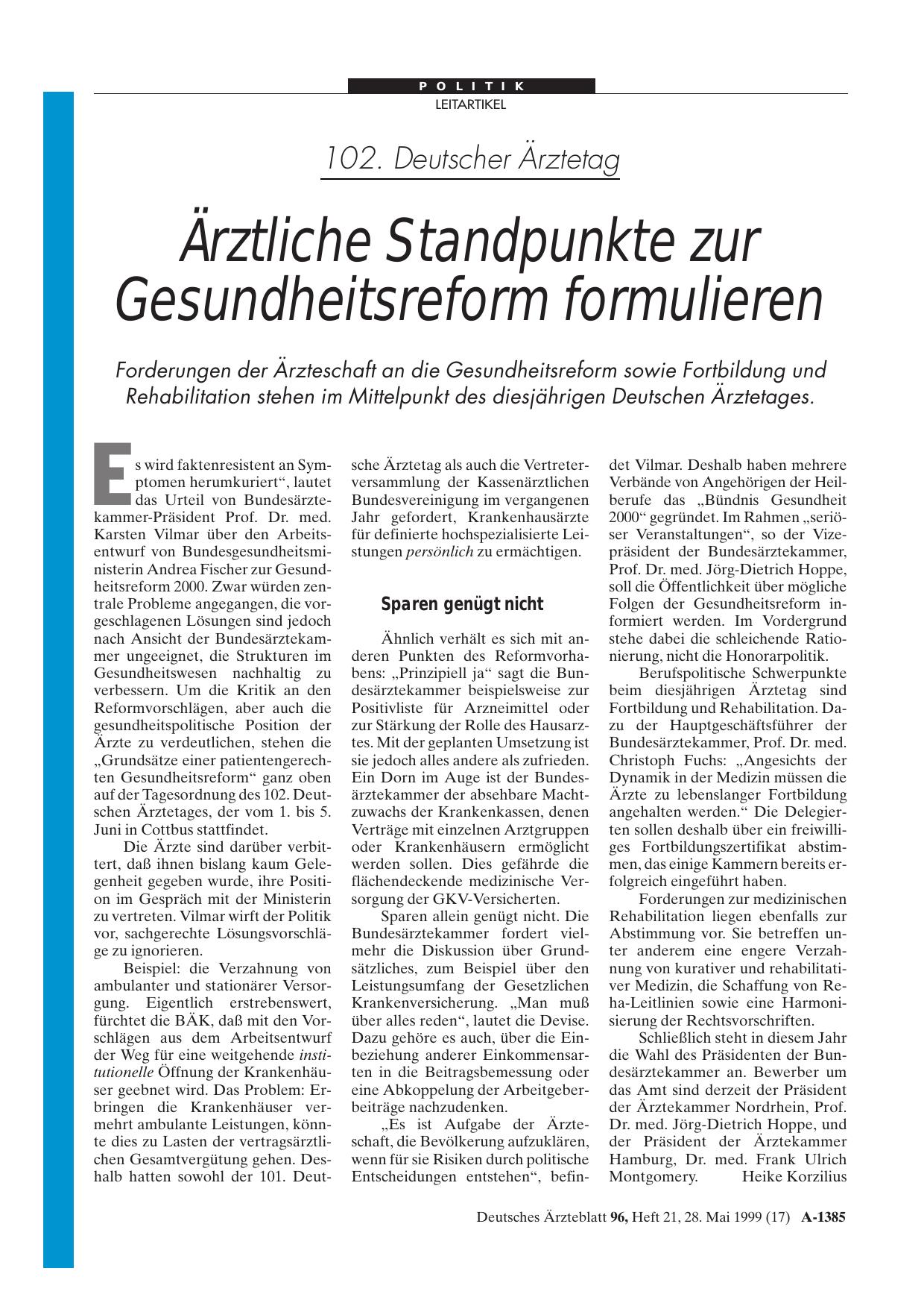 Vorschauseite 1: 102. Deutscher Ärztetag: Ärztliche Standpunkte zur Gesundheitsreform formulieren