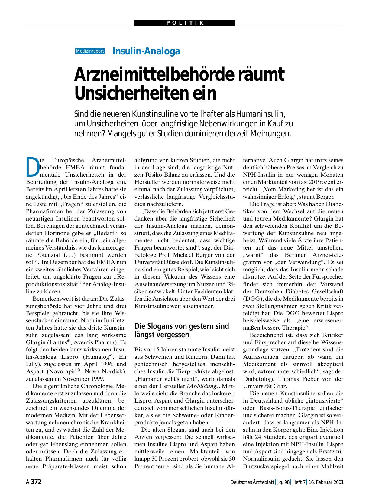 Vorschauseite 1: Insulin-Analoga: Arzneimittelbehörde räumt Unsicherheiten ein