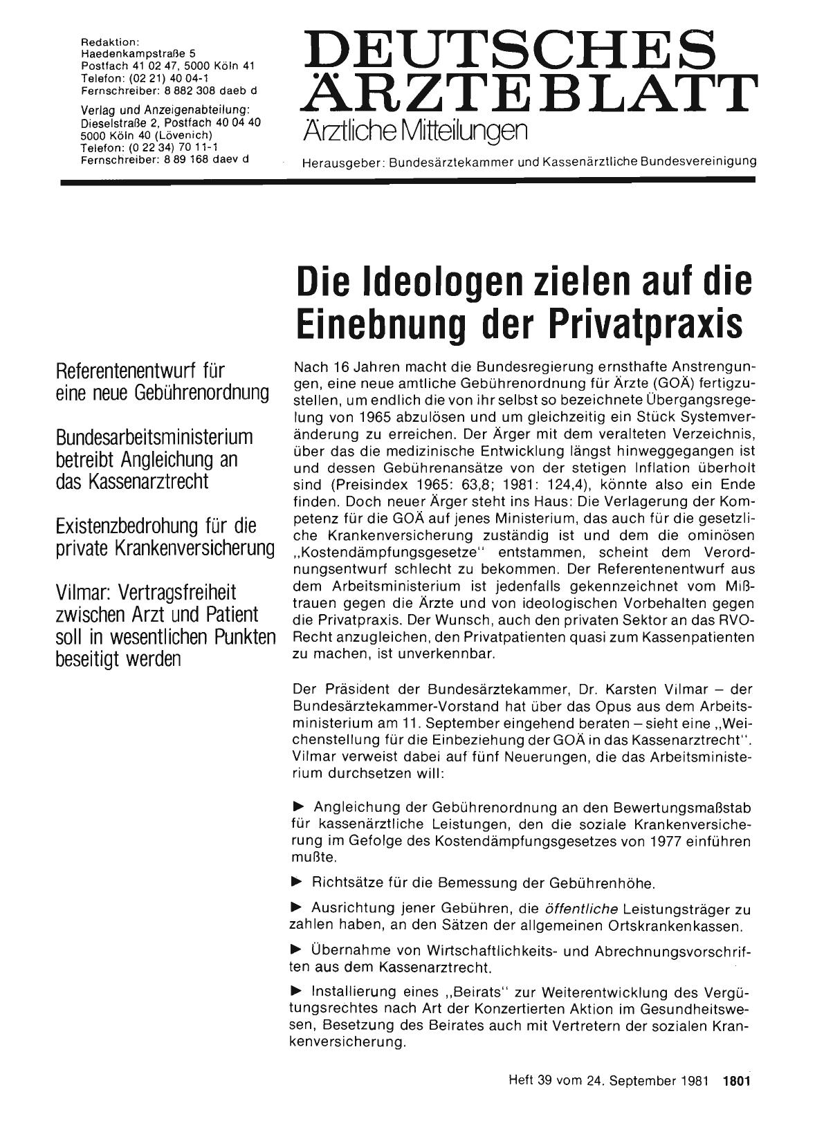 Vorschauseite 1: Die Ideologen zielen auf die Einebnung der Privatpraxis