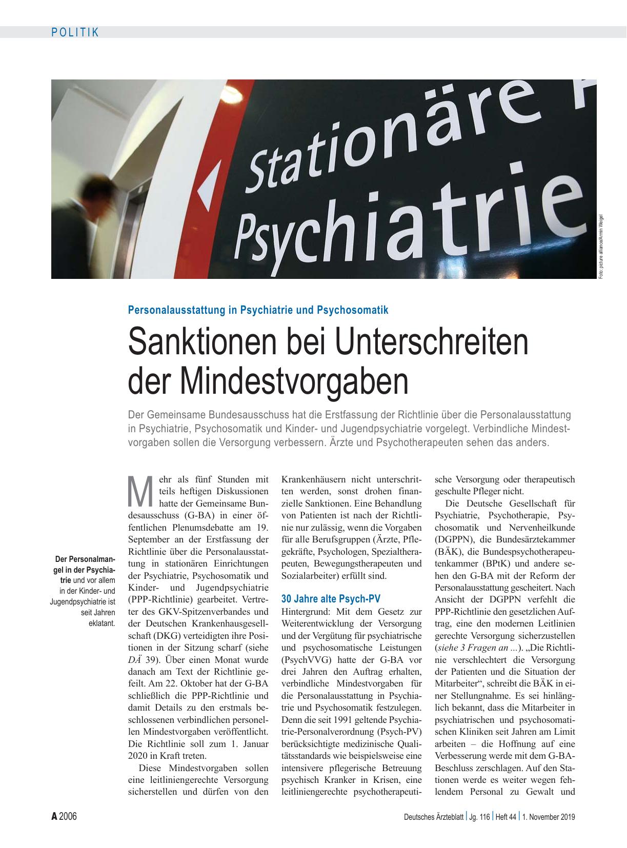 Vorschauseite 1: Personalausstattung in Psychiatrie und Psychosomatik: Sanktionen bei Unterschreiten der Mindestvorgaben