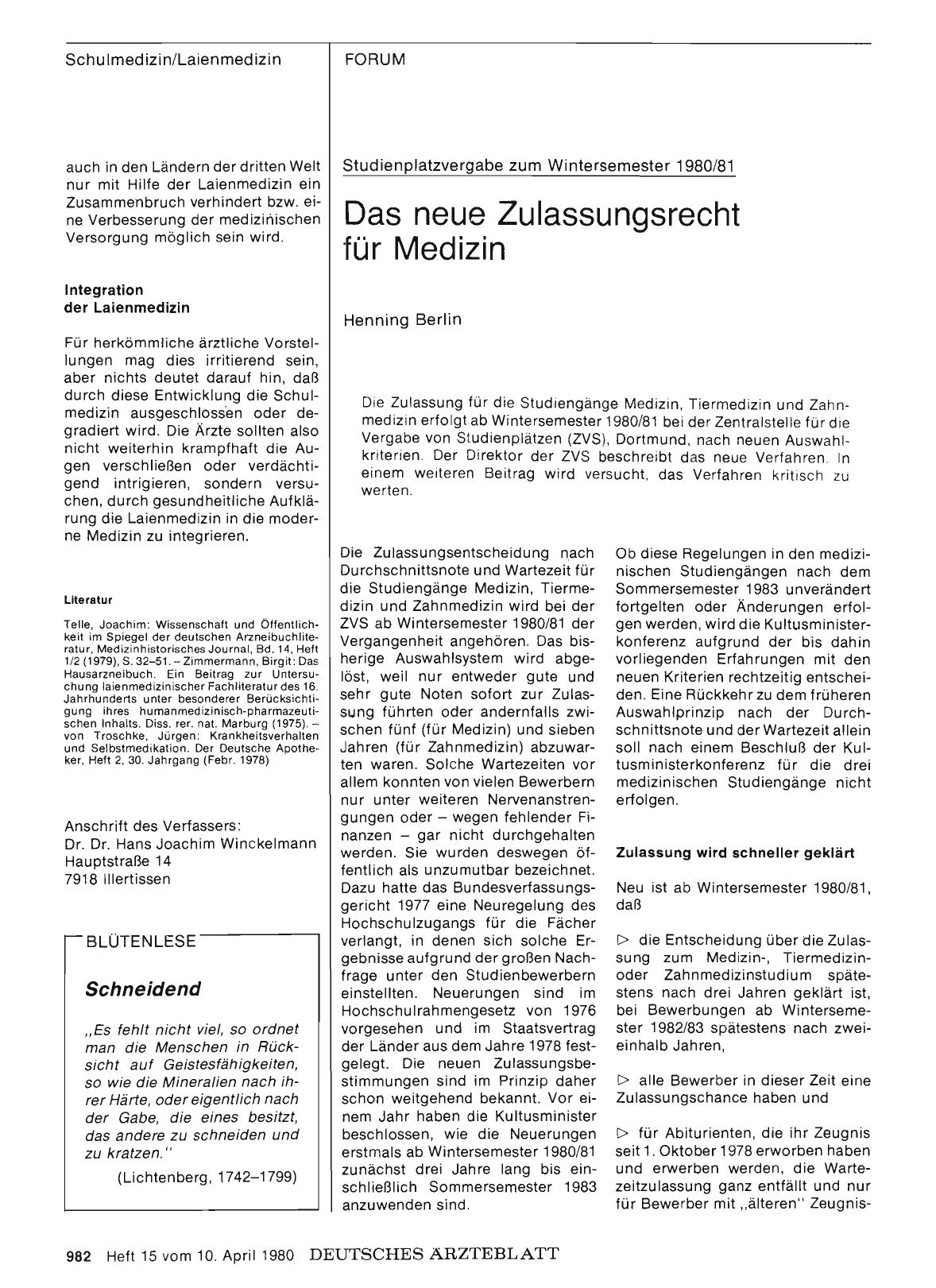Vorschauseite 1: Studienplatzvergabe zum Wintersemester 1980/81: Das neue Zulassungsrecht für Medizin