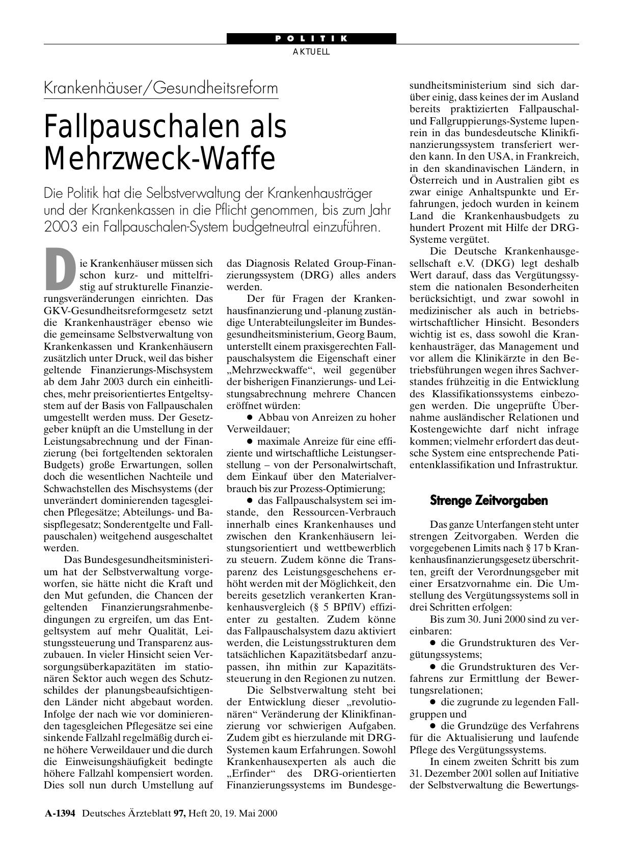 Vorschauseite 1: Krankenhäuser/Gesundheitsreform: Fallpauschalen als Mehrzweck-Waffe
