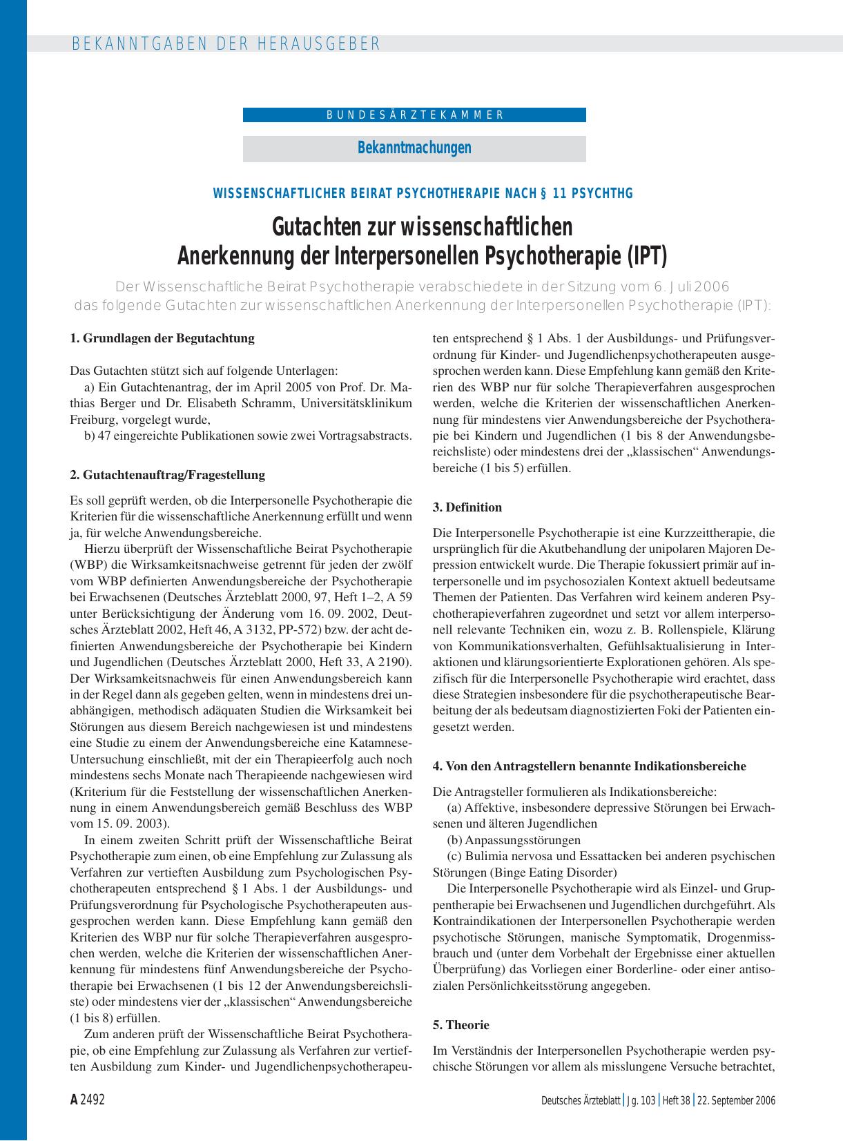 Vorschauseite 1: Bekanntmachungen: Wissenschaftlicher Beirat Psychotherapie nach § 11 PsychThG – Gutachten zur wissenschaftlichen Anerkennung der Interpersonellen Psychotherapie (IPT)