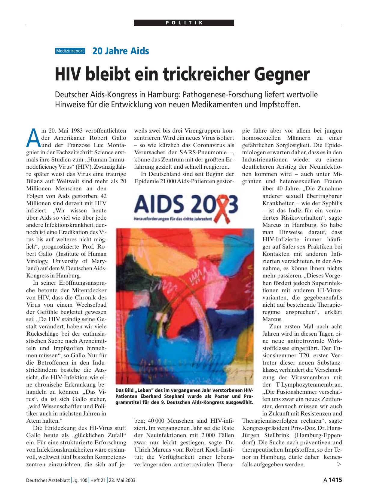 Vorschauseite 1: 20 Jahre Aids: HIV bleibt ein trickreicher Gegner