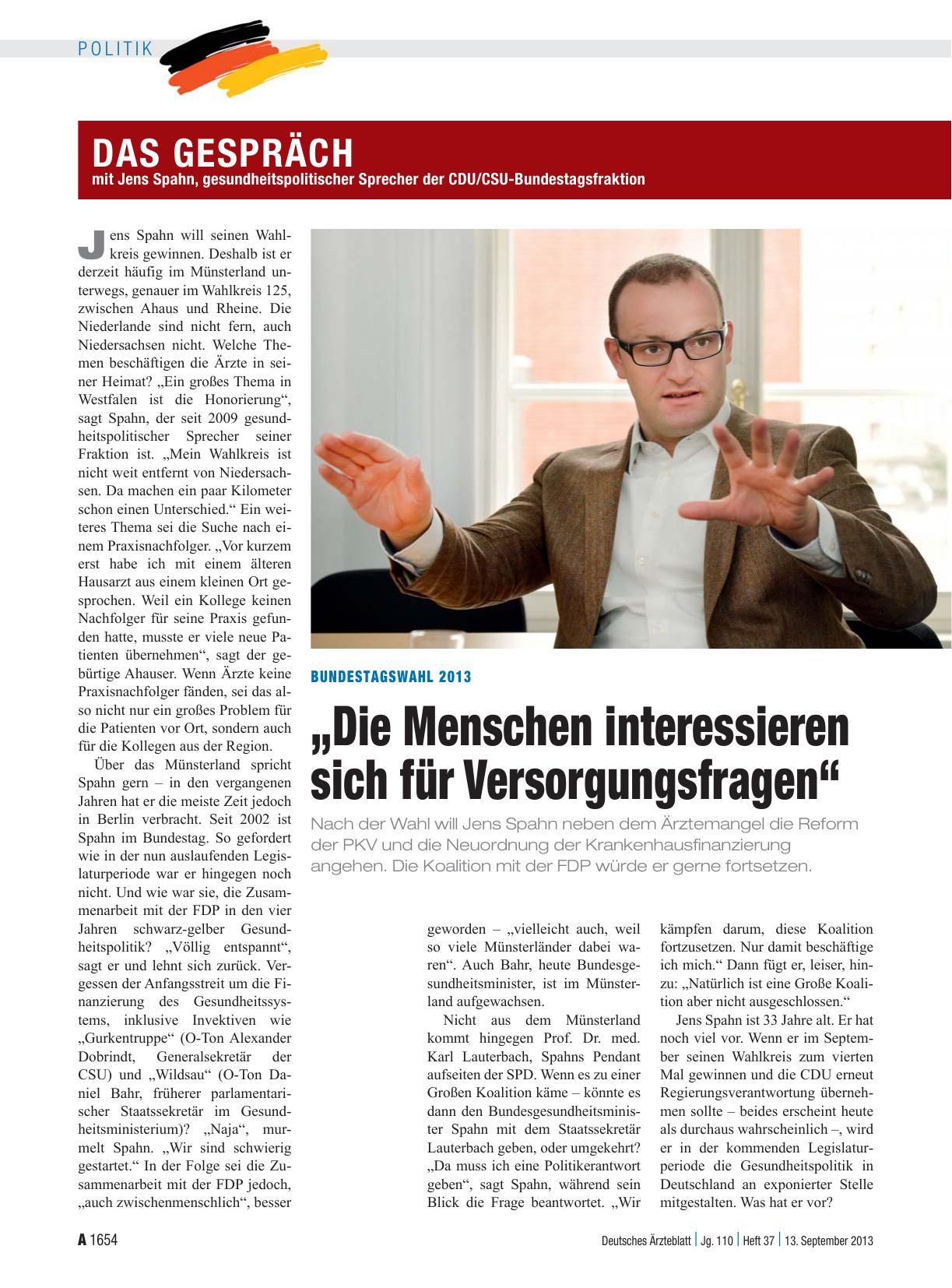Vorschauseite 1: Das Gespräch mit Jens Spahn, gesundheitspolitischer Sprecher der CDU/CSU-Bundestagsfraktion: Bundestagswahl 2013 – „Die Menschen interessieren sich für Versorgungsfragen“