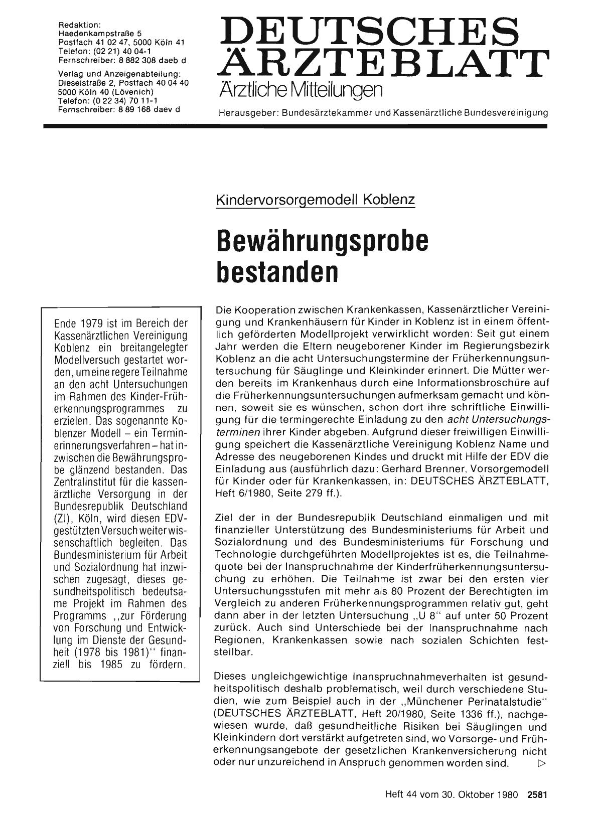 Vorschauseite 1: Kindervorsorgemodell Koblenz: Bewährungsprobe bestanden