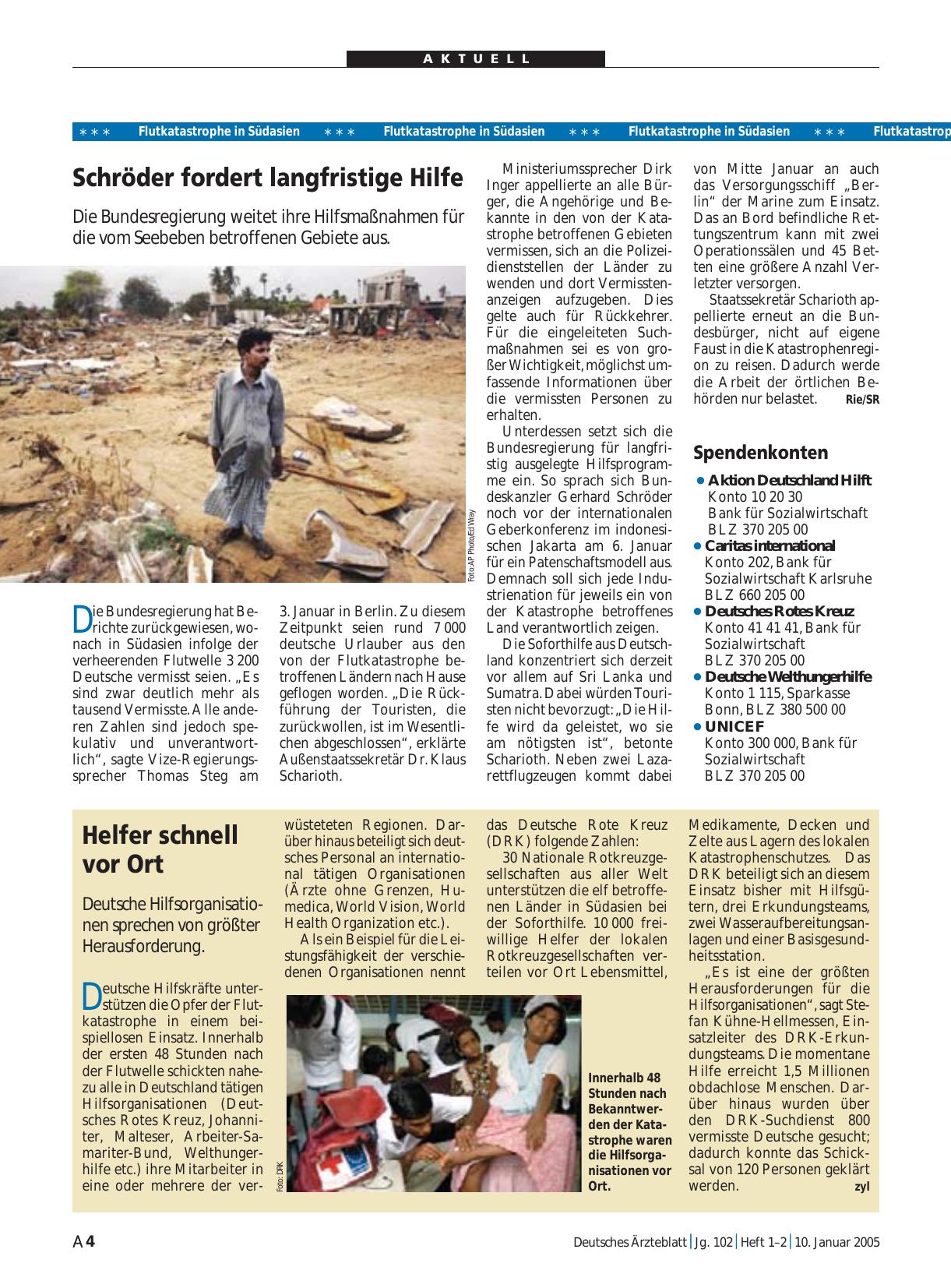 Vorschauseite 1: Flutkatastrophe in Südasien: Helfer schnell vor Ort