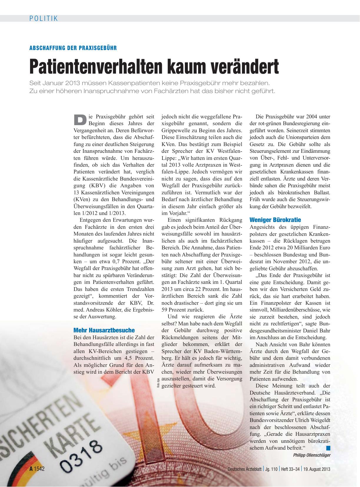 Vorschauseite 1: Abschaffung der Praxisgebühr: Patientenverhalten kaum verändert