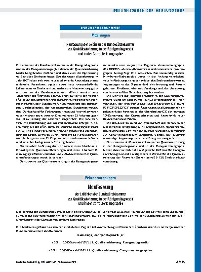 Vorschauseite 1: Neufassung der Leitlinien der Bundesärztekammer zur Qualitätssicherung in der Röntgendiagnostik und in der Computertomographie