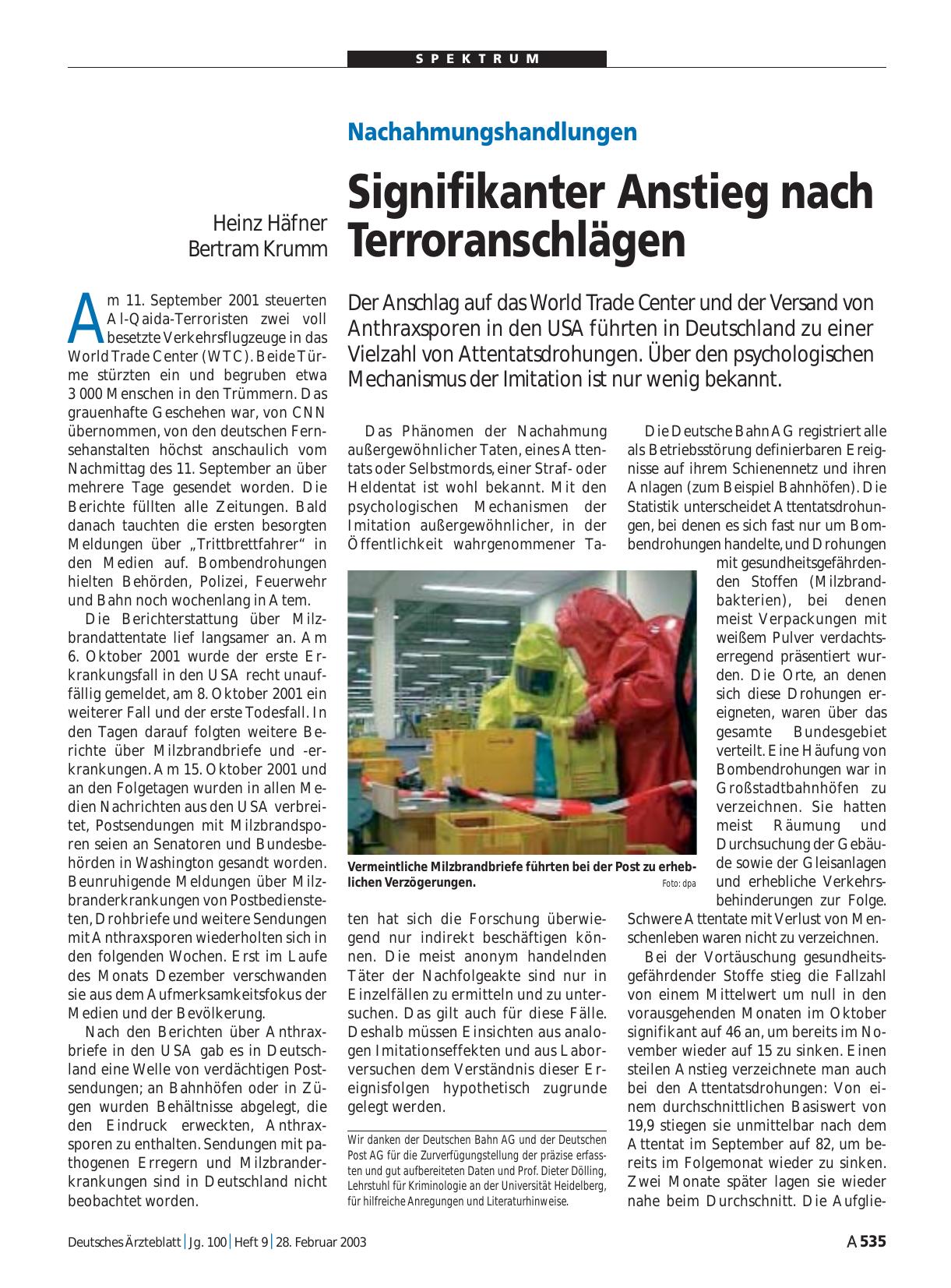 Vorschauseite 1: Nachahmungshandlungen: Signifikanter Anstieg nach Terroranschlägen