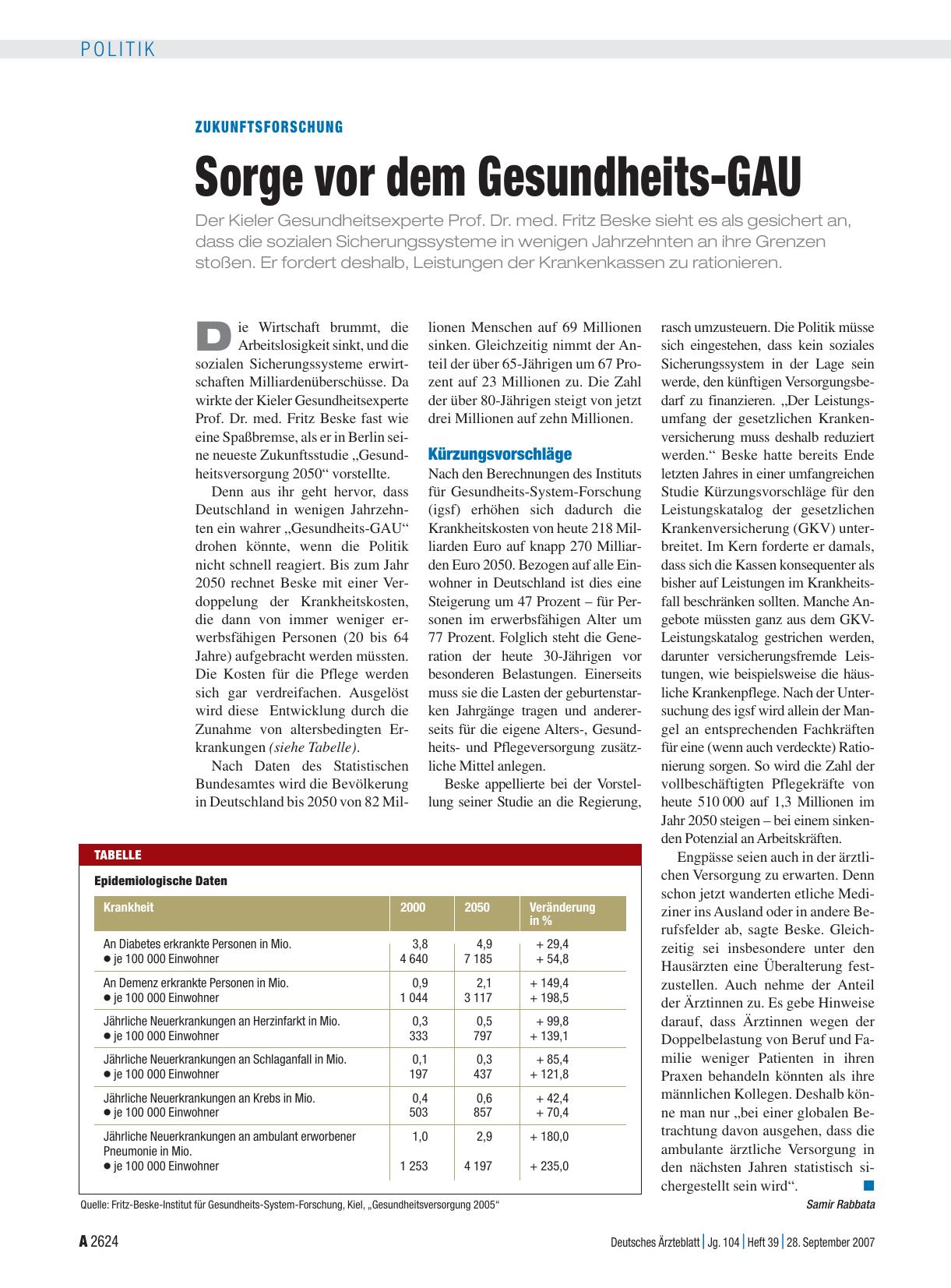 Vorschauseite 1: Zukunftsforschung: Sorge vor dem Gesundheits-GAU